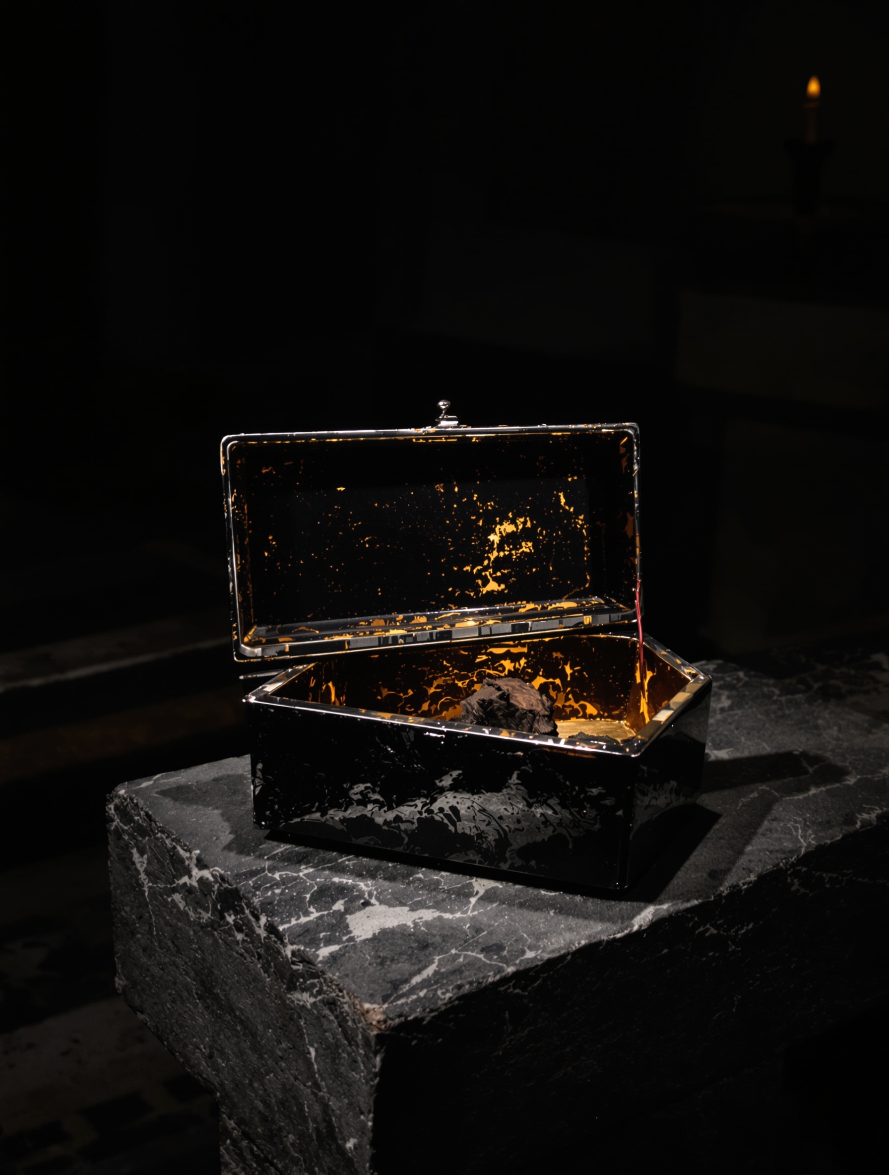 A centuries-blackened silver reliquary opened on cold church stone under single candlelight, its amber-stained interior holding a fragment of dark wood, referencing Reliqvia by Filippo Sorcinelli.