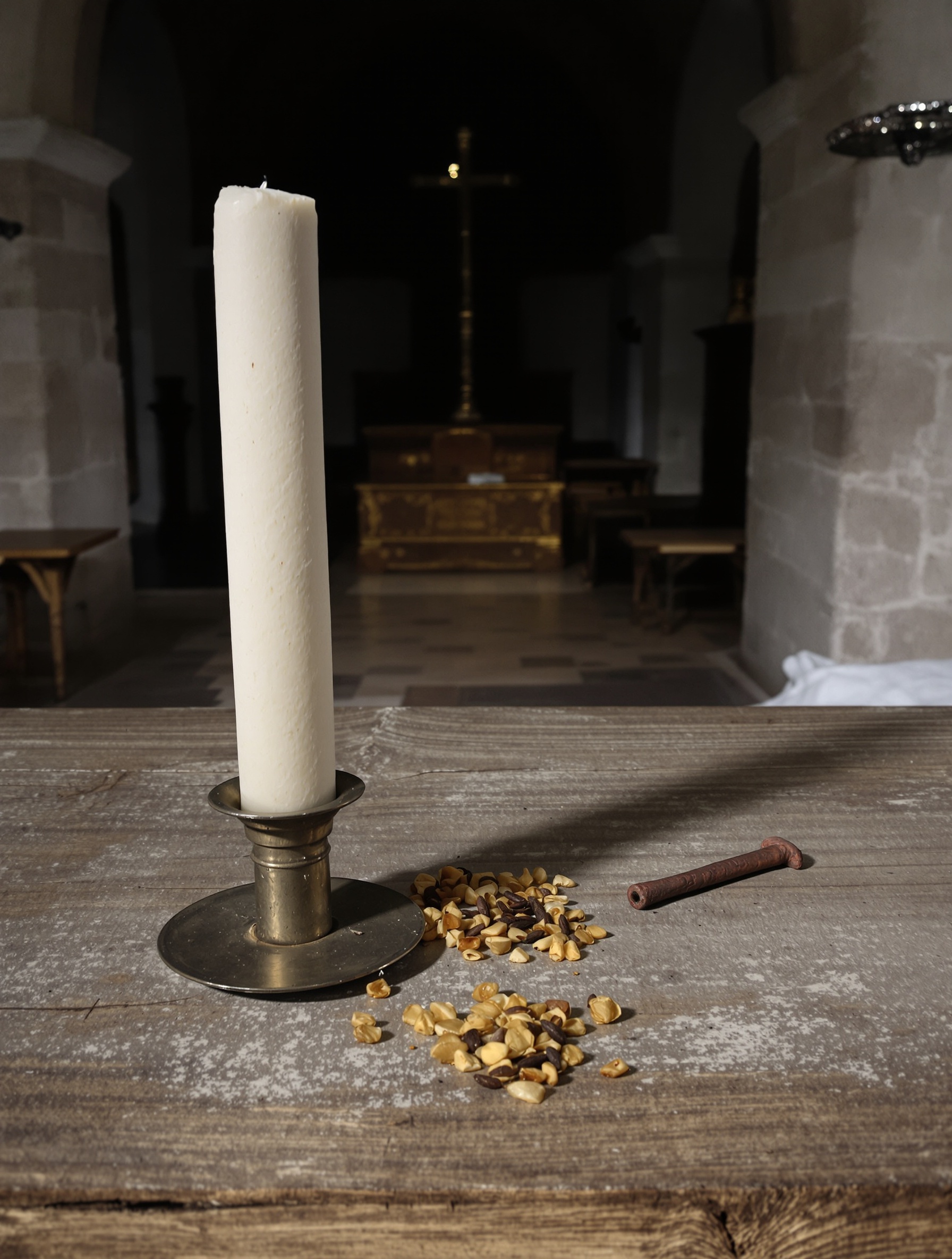 A sacristy table laid with raw amber resin, dried cloves, and a rusted iron nail in dim grey church light, evoking the sacred material world of Reliqvia by Filippo Sorcinelli.