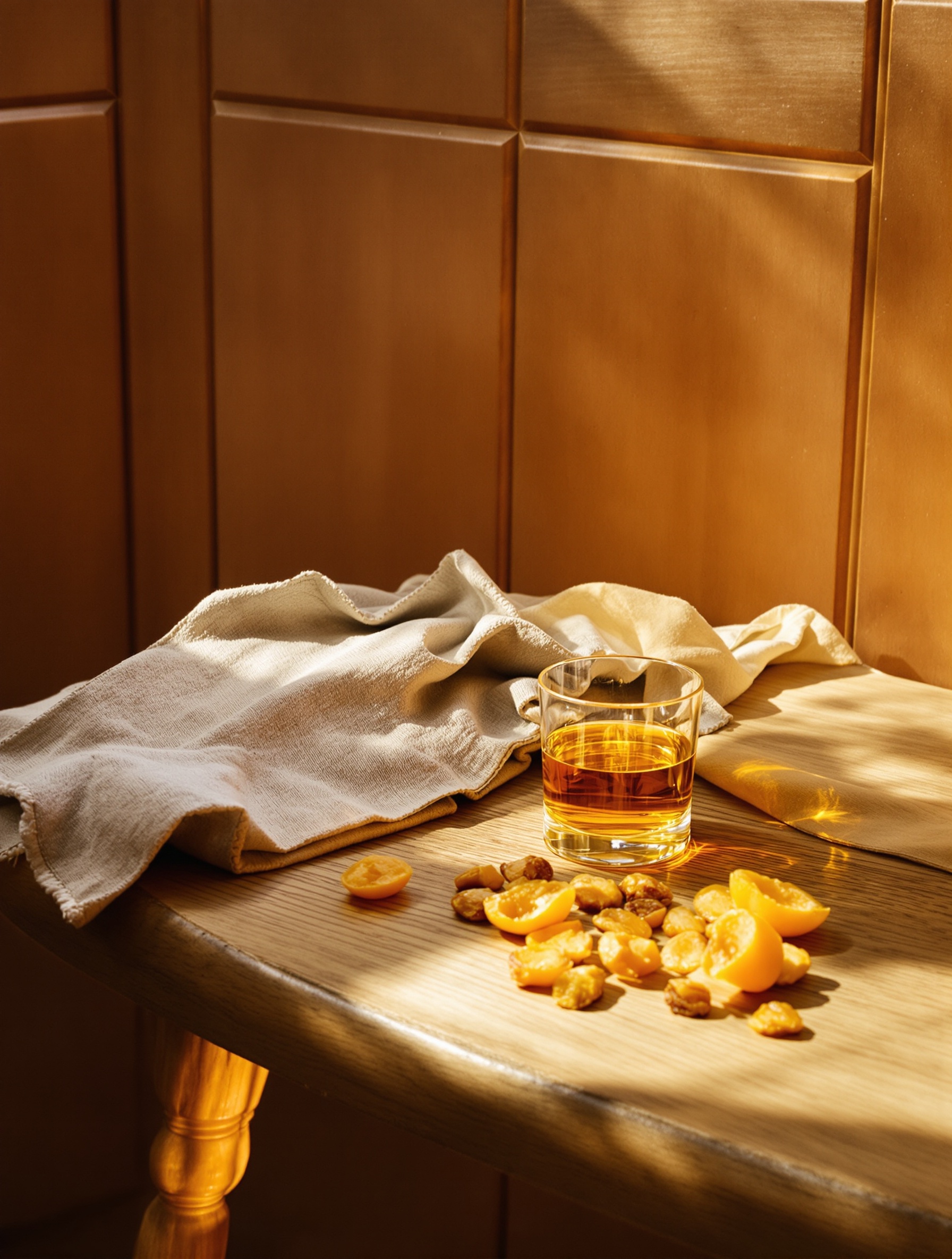 A sun-warmed oak table holds a glass of amber rum, raw amber pebbles, and dried apricots in quiet afternoon light.