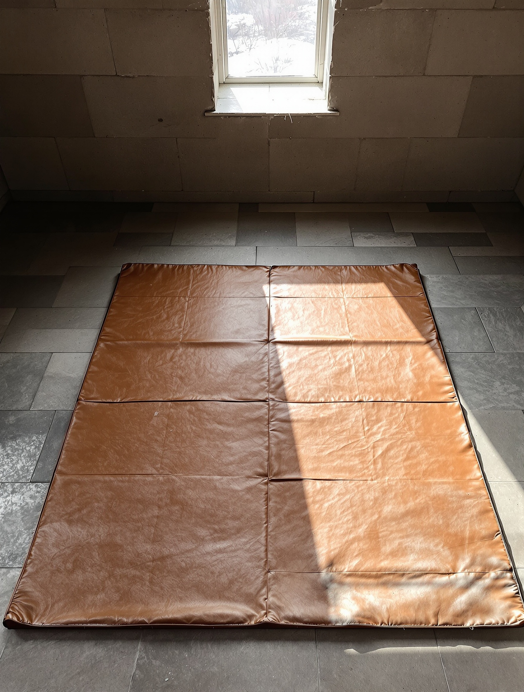 Cold mountain light from a high window falls across a worn leather wrestling mat on a stone floor in a silent Dagestani training hall.
