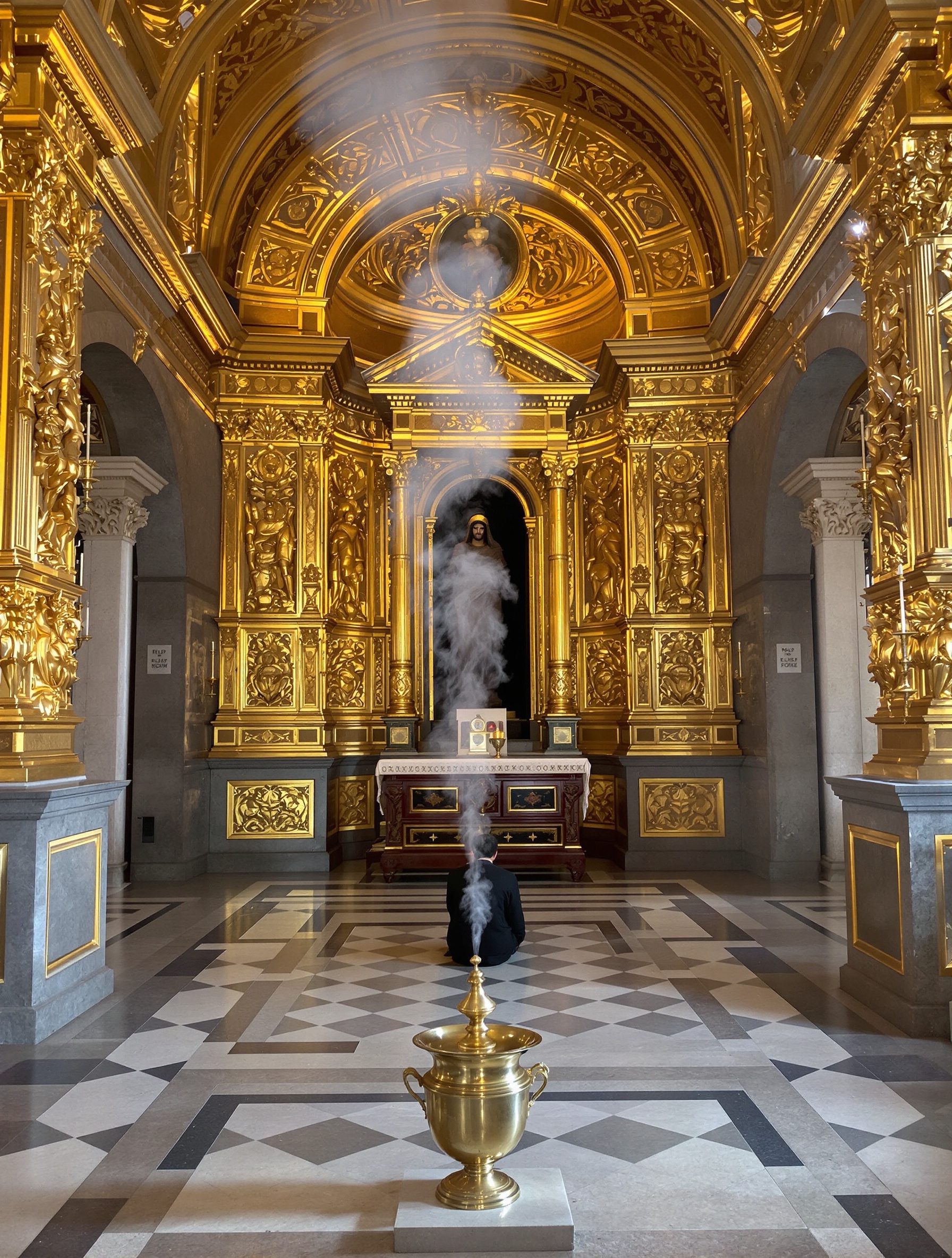 A candlelit baroque oratory interior with a solitary kneeling figure before a draped devotional figure, incense smoke rising through gilded carved walls, evoking Reliqvia by Filippo Sorcinelli.