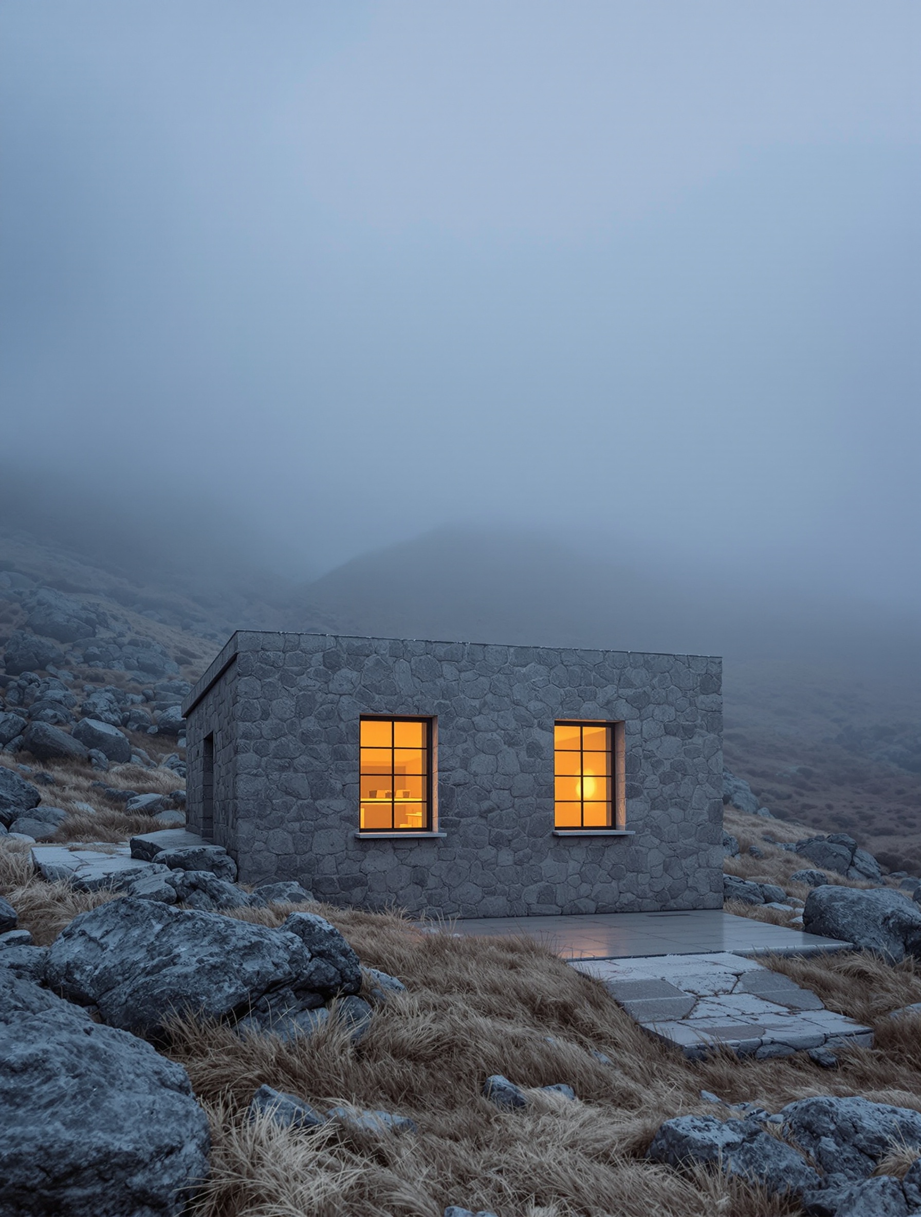 Stone bathhouse on a misty Dagestani mountain slope, glowing from within, evoking Musc Khabib by Bortnikoff.