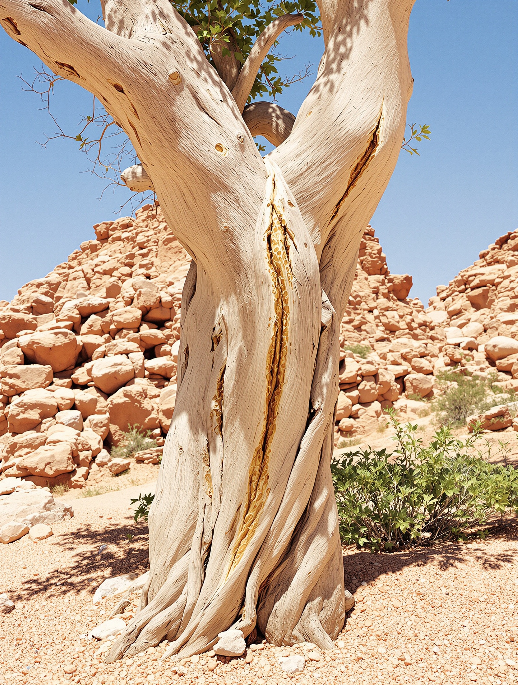 A weathered Boswellia sacra tree stands on a sun-baked Dhofar hillside, its split bark marked by natural dried amber resin streaks against pale grey wood.