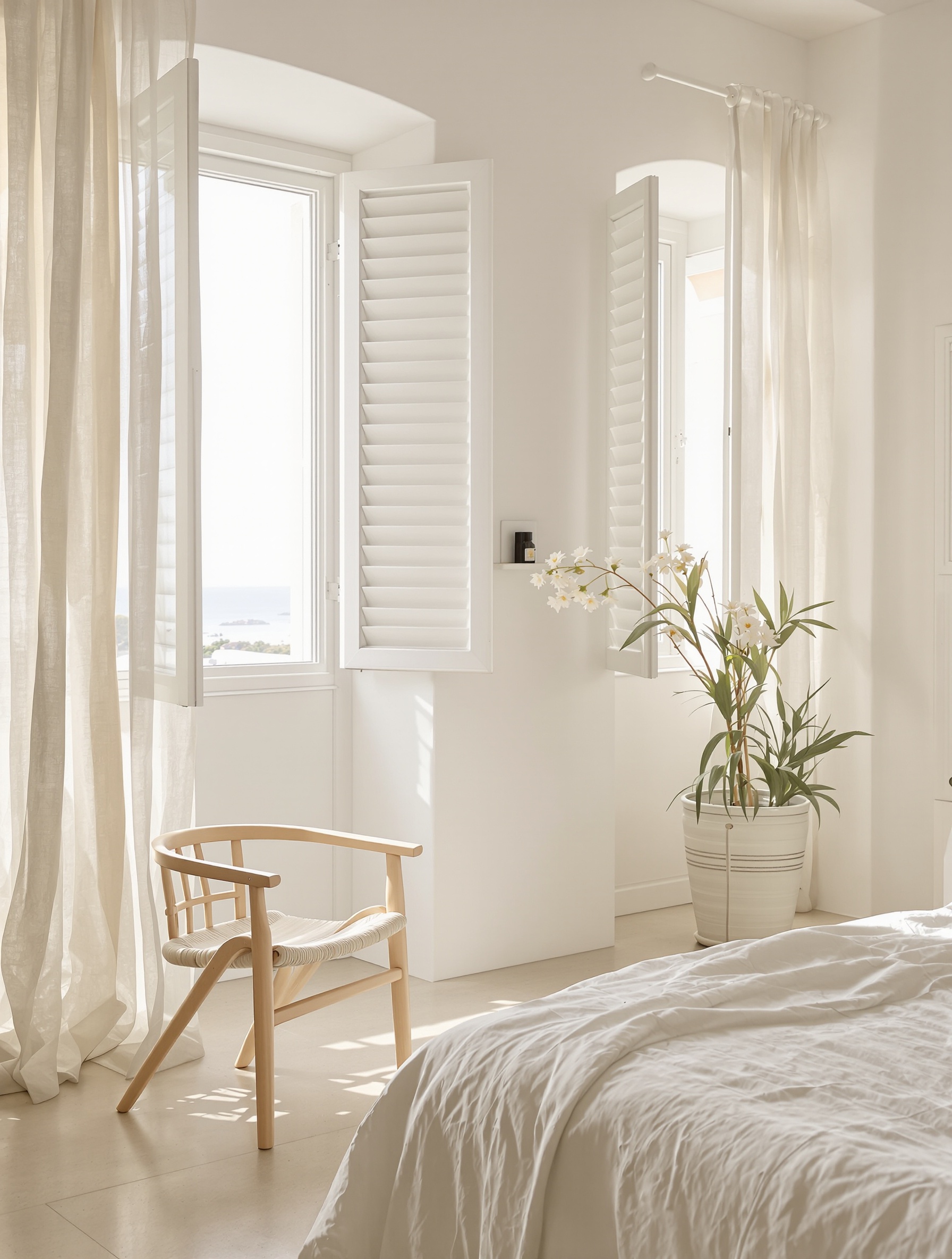 A bright Mediterranean bedroom with billowing linen curtains and warm morning light evoking Sospiro Vibrato.