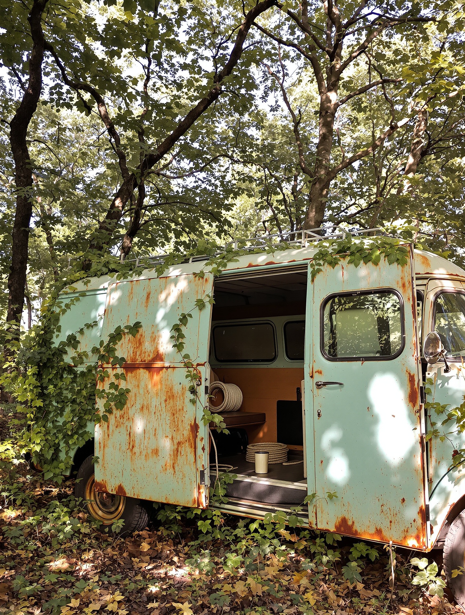 An overgrown vintage van resting in a Romanian forest clearing embodies the countercultural nomadism of Hai Hui.