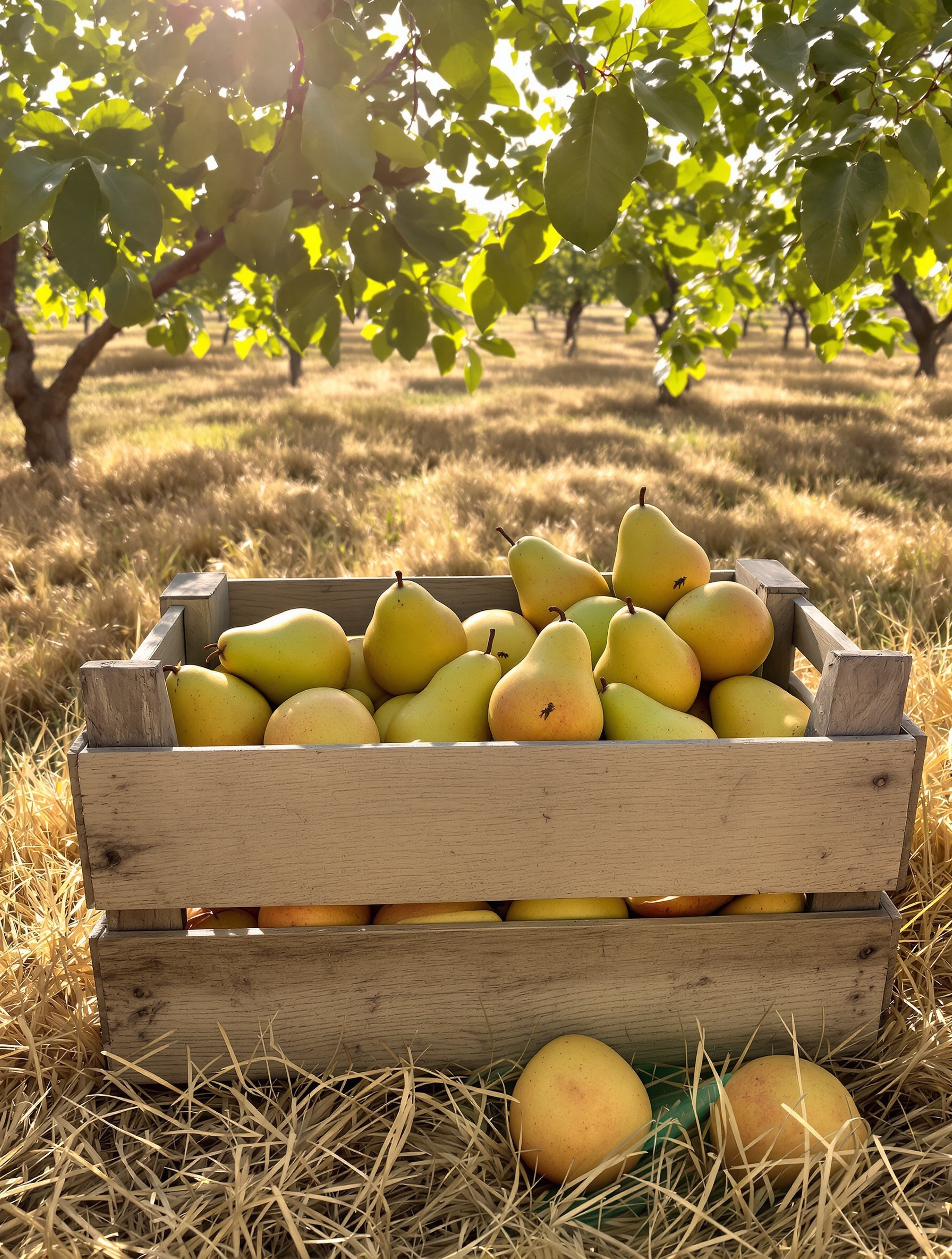 A wooden crate of ripe pears and green apples in Italian orchard shade, bathed in warm late-afternoon light, capturing the juicy heart of Erba Gold.