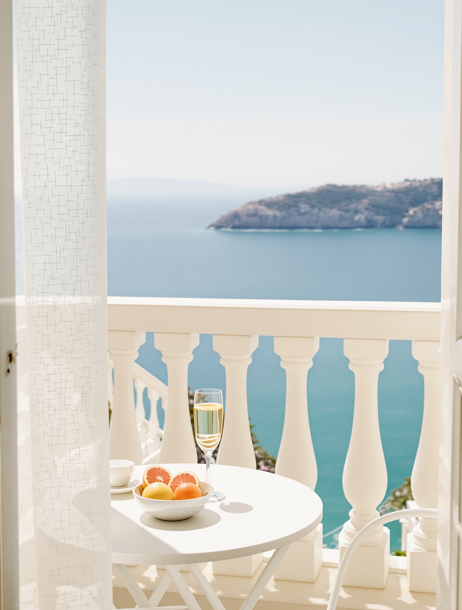 A sunlit Mediterranean balcony with grapefruit and sparkling water on a small café table, framed by drifting linen curtains with an unobstructed sea view beyond the white balustrade.
