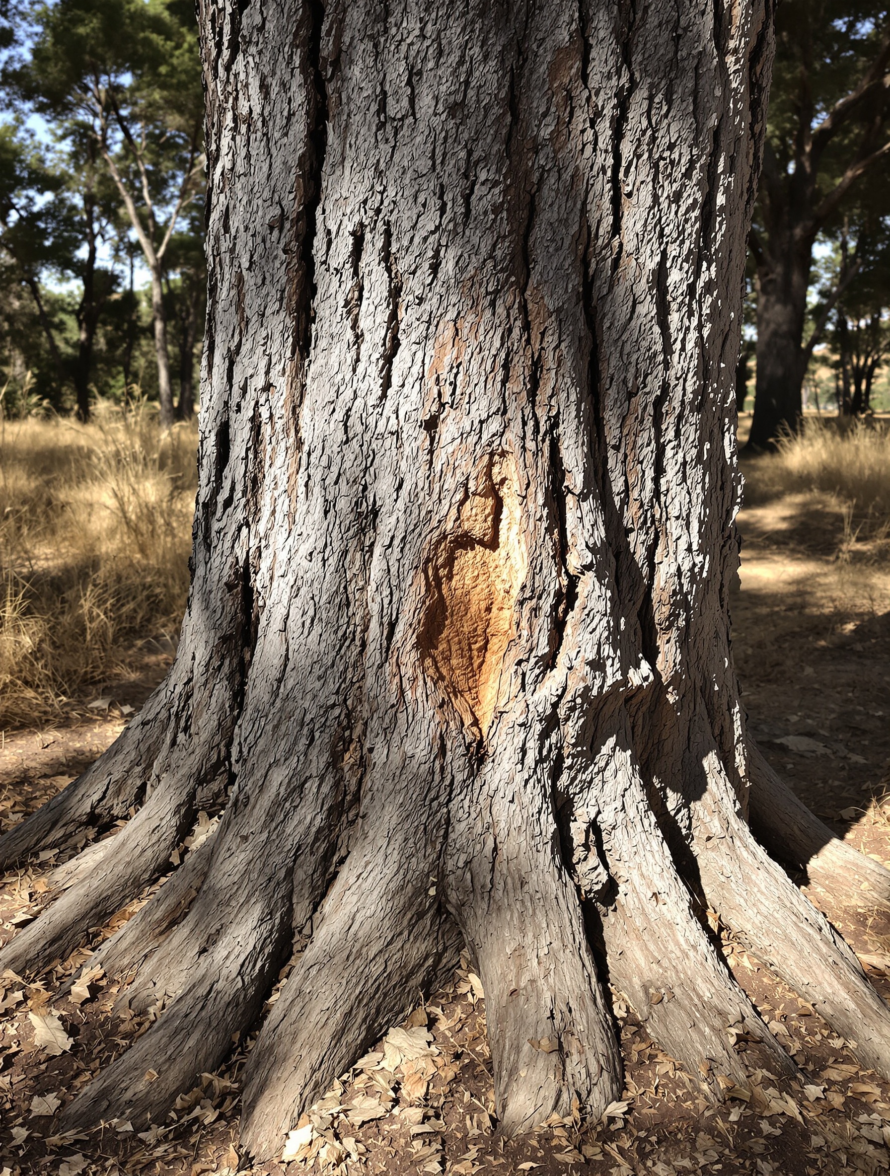 A weathered tree trunk in a dry Mediterranean forest with a small dried amber resin smear on rough grey bark, surrounded by fallen fig leaves and dusty soil in warm late-afternoon light.