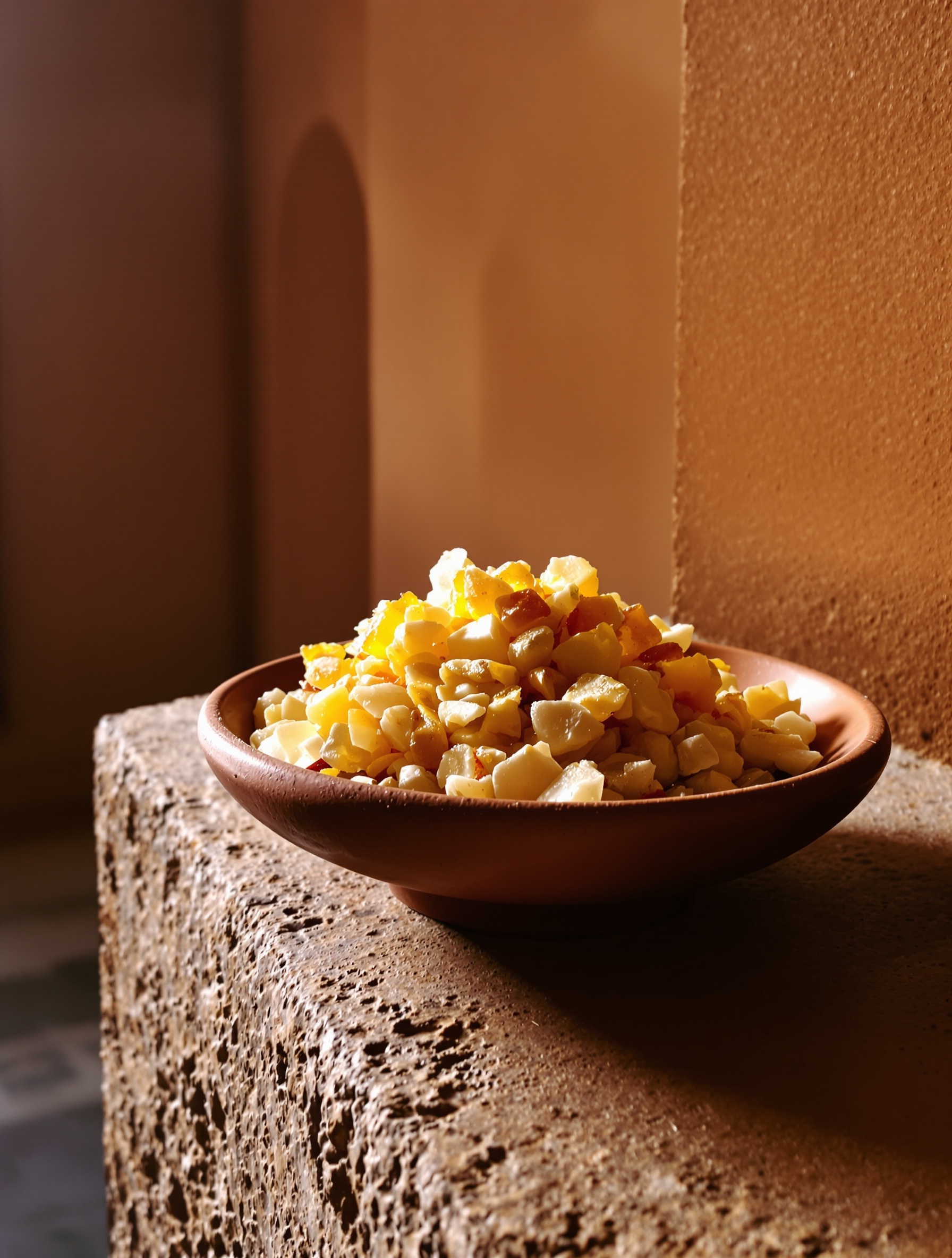 A terracotta dish of translucent frankincense resin tears resting on a sandstone ledge in warm Omani interior light.