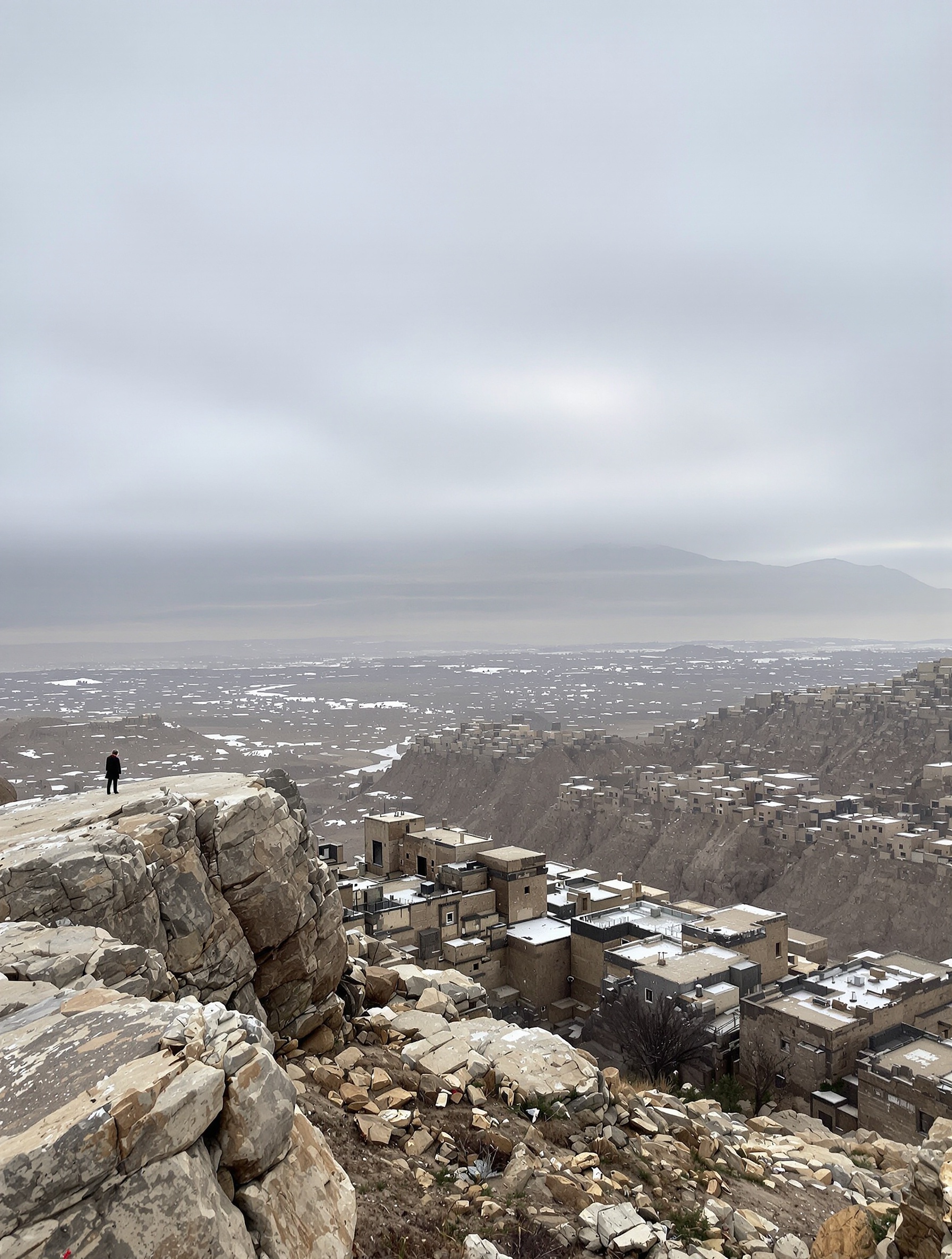High Dagestani plateau at dawn with ancient stone village and solitary distant figure, evoking Musc Khabib by Bortnikoff.