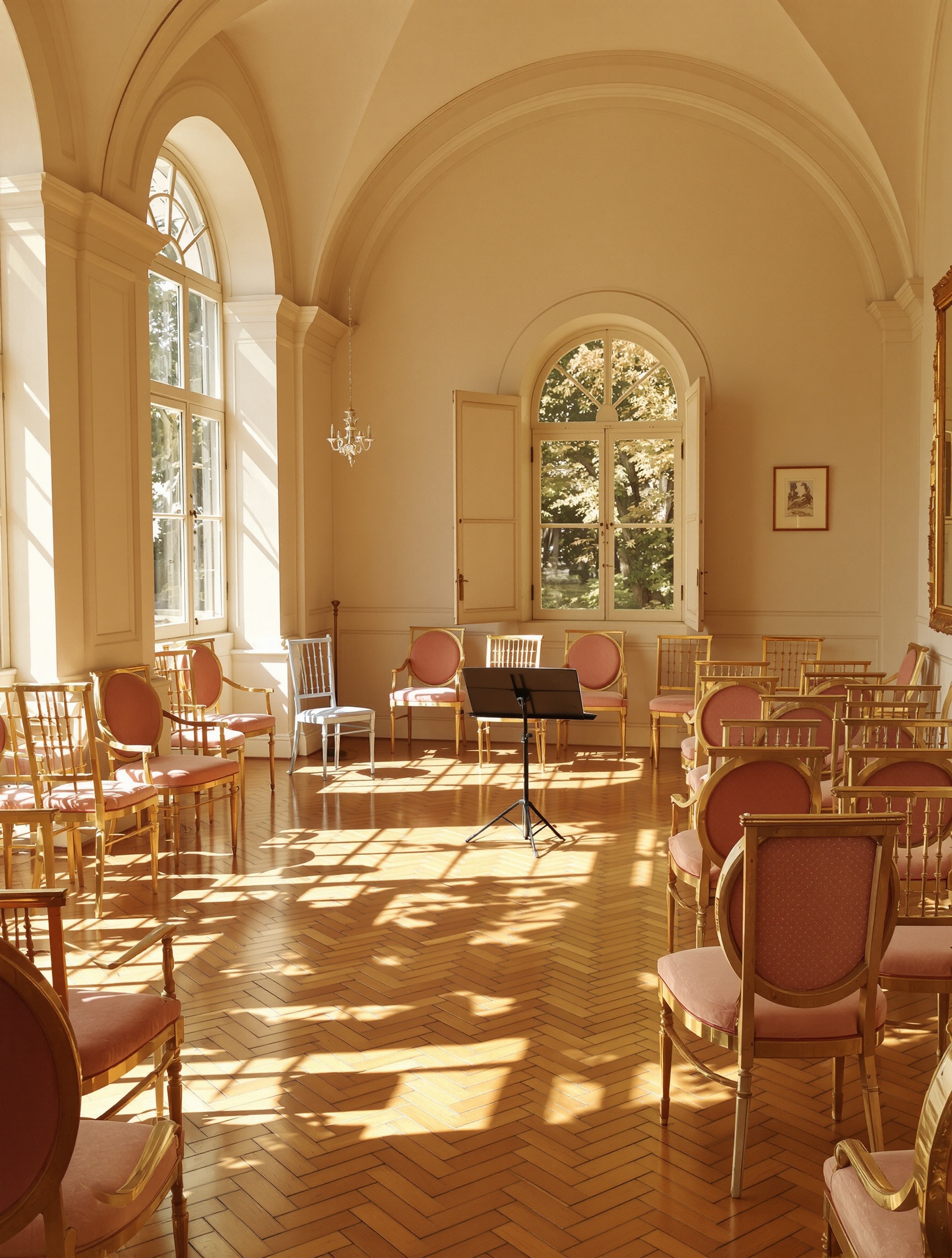 Sunlight streams unevenly through arched windows across a worn parquet floor in an empty Italian conservatory salon, a lone music stand casting a thin shadow in the warm silence.