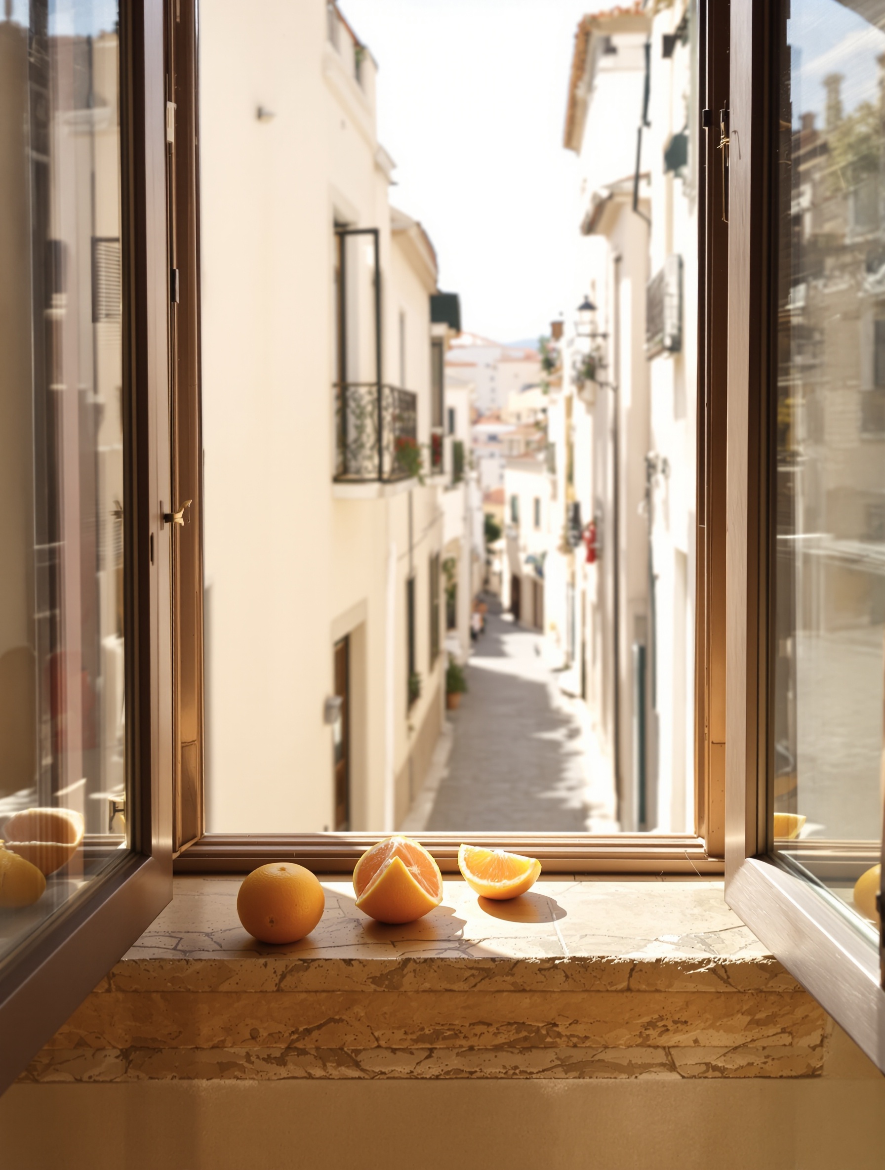 Grapefruit resting on a sunlit limestone window sill above an Italian coastal street, evoking Sospiro Vibrato.