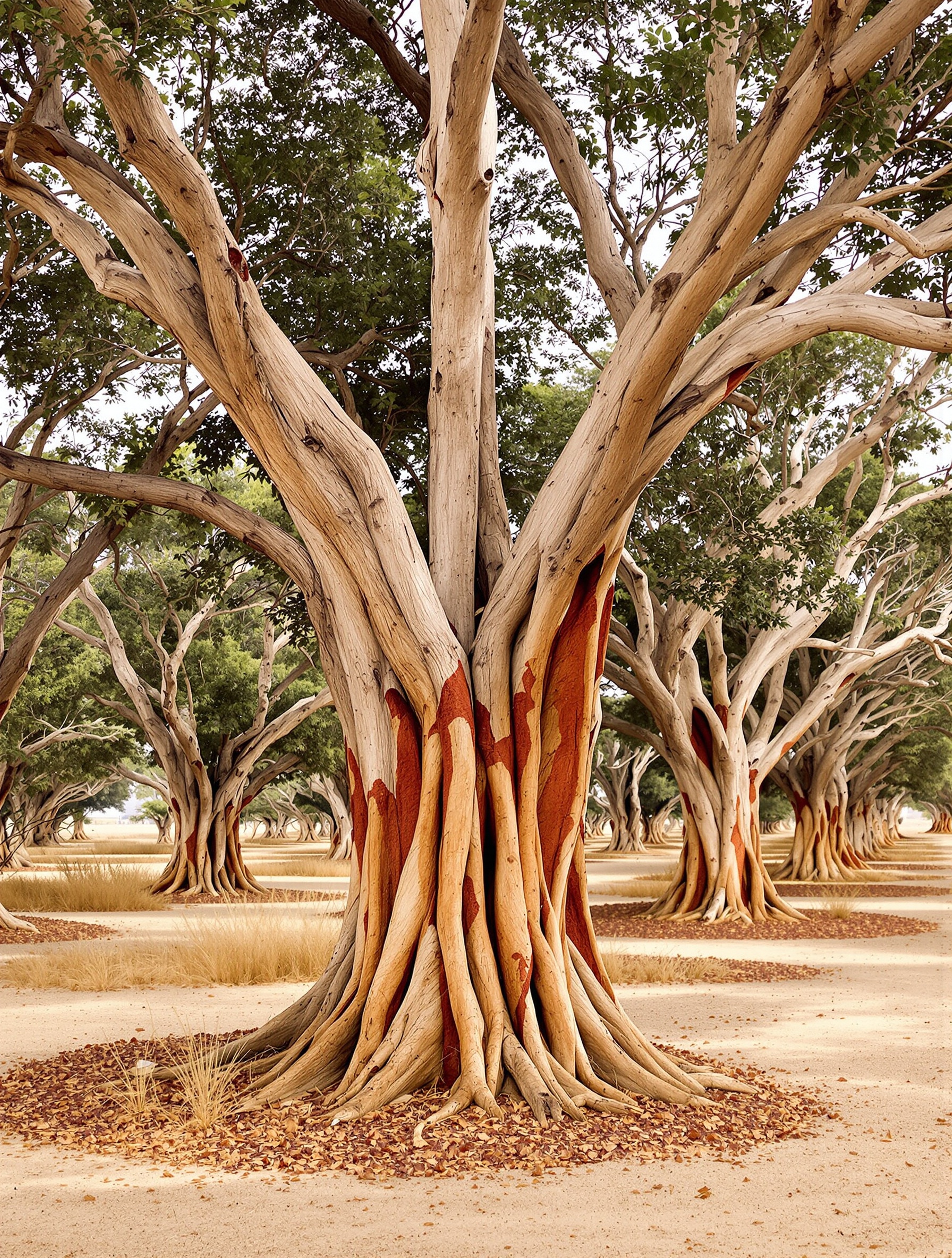 A cork oak grove in the Alentejo at harvest time, raw red underbark exposed in warm late-afternoon light, for Creed Bois du Portugal.