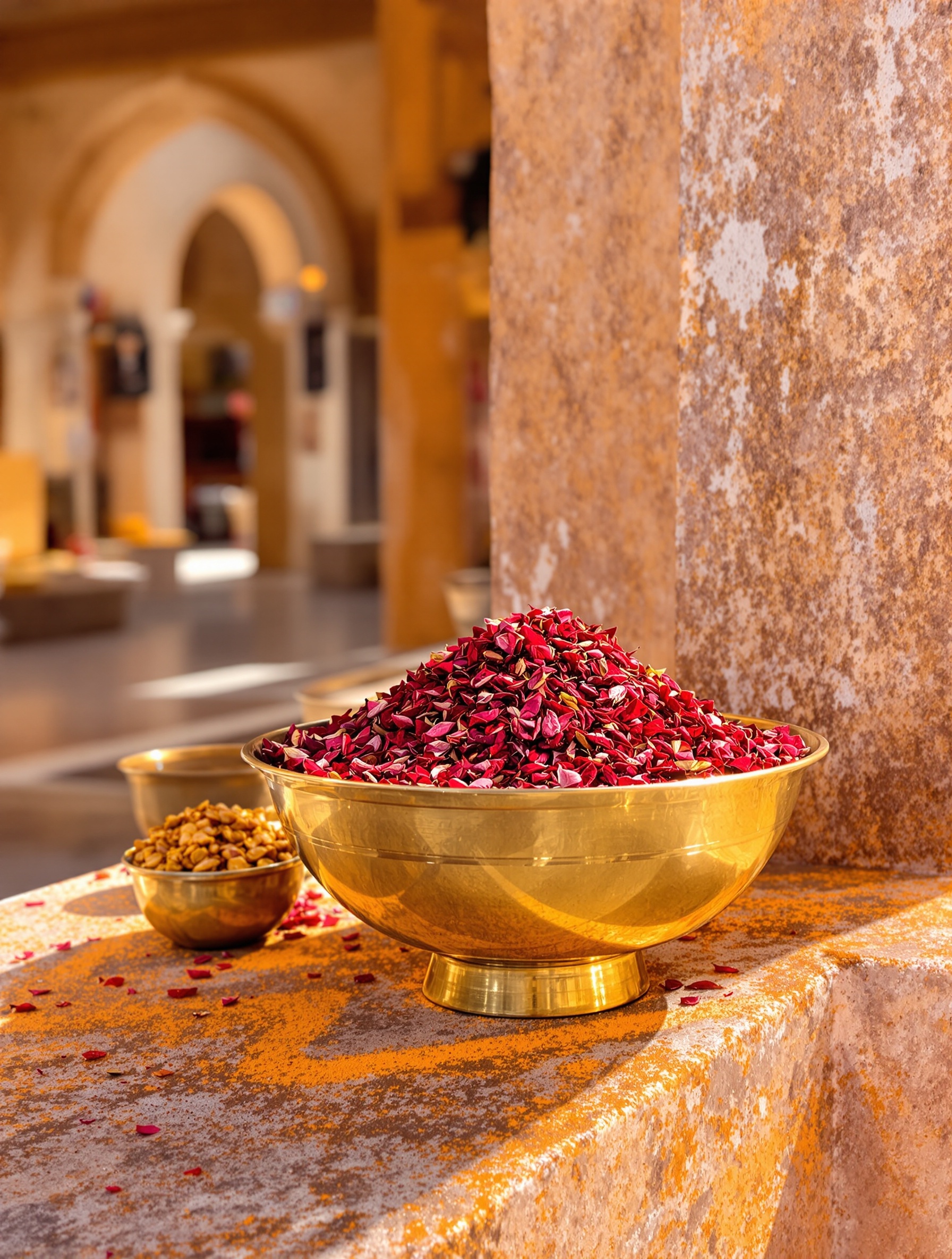 A brass bowl of saffron and dried rose petals on a rust-stained stone ledge in an Omani souk, echoing the warm spiced sweetness layered into Purpose 50 by Amouage.