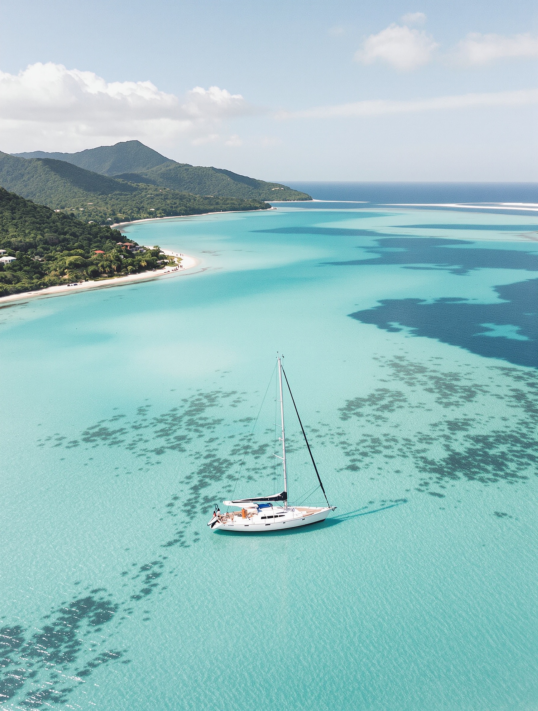 Aerial view of a lone white ketch anchored in a turquoise Virgin Islands cove for Creed Virgin Island Water.