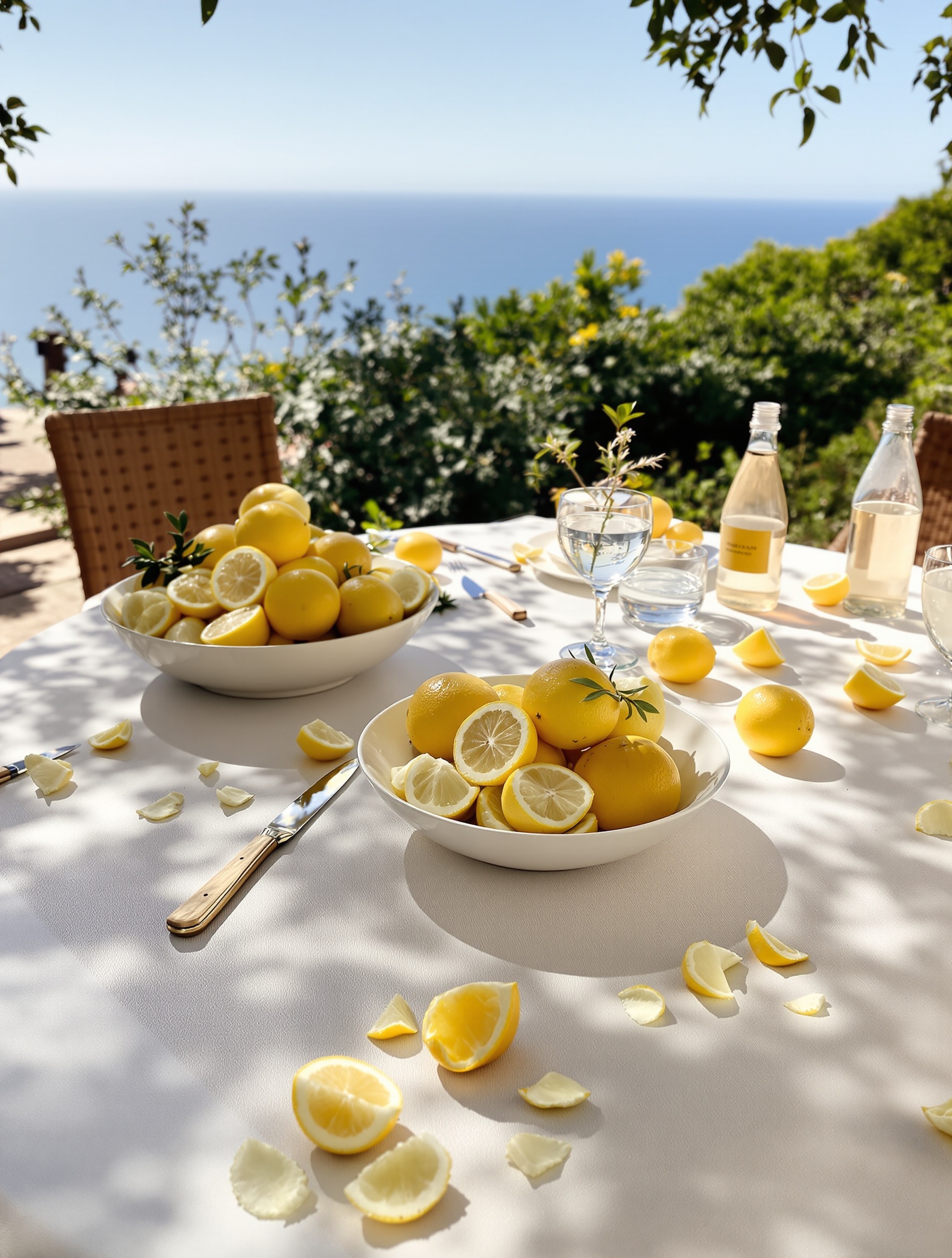 A sun-drenched Mediterranean terrace table overflowing with golden lemons and halved citrus, a condensation-beaded water glass catching the afternoon light, with the deep blue sea glimmering at the horizon.