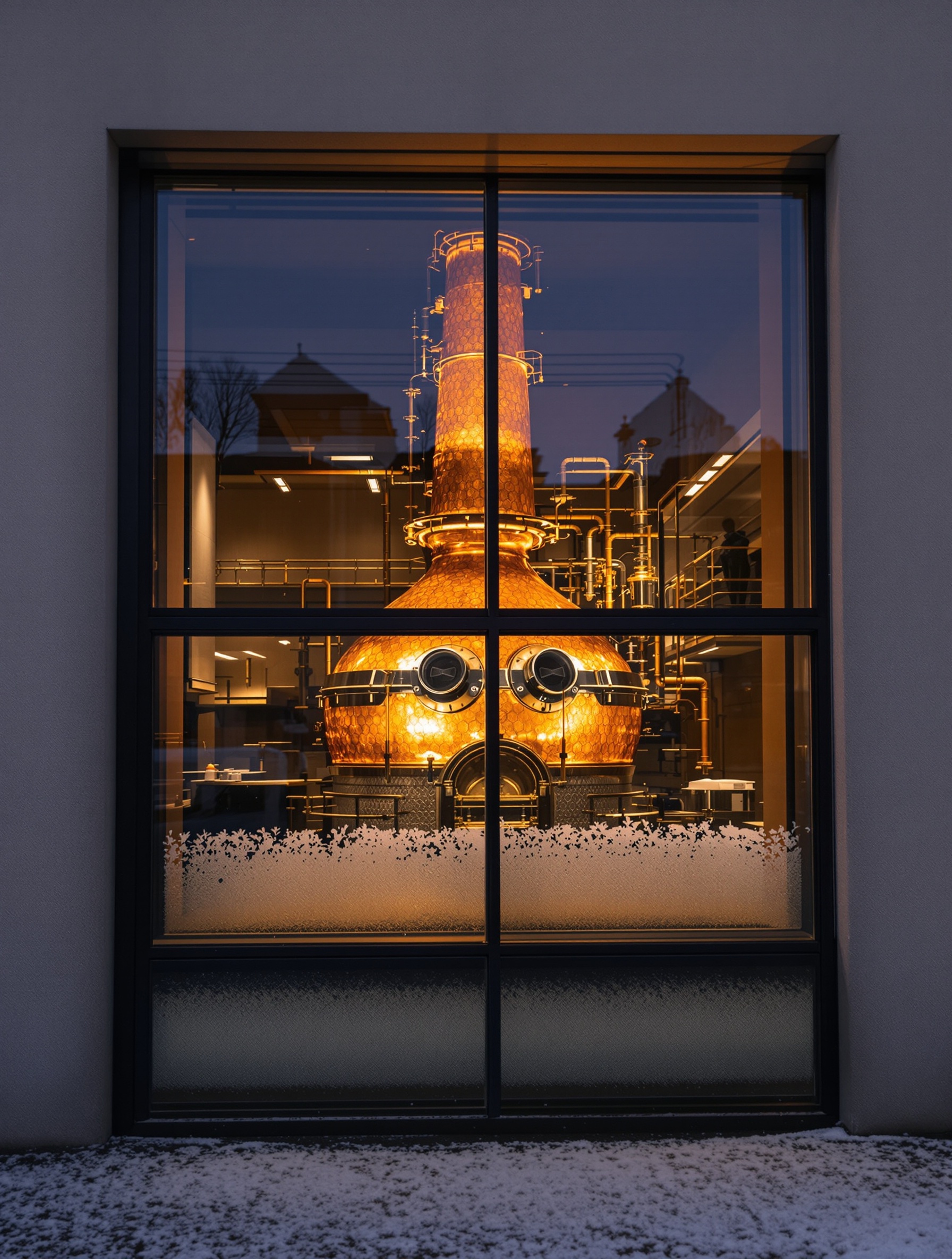 A frost-edged distillery window at dusk for Kilian Angels' Share on the Rocks, copper still glowing within.