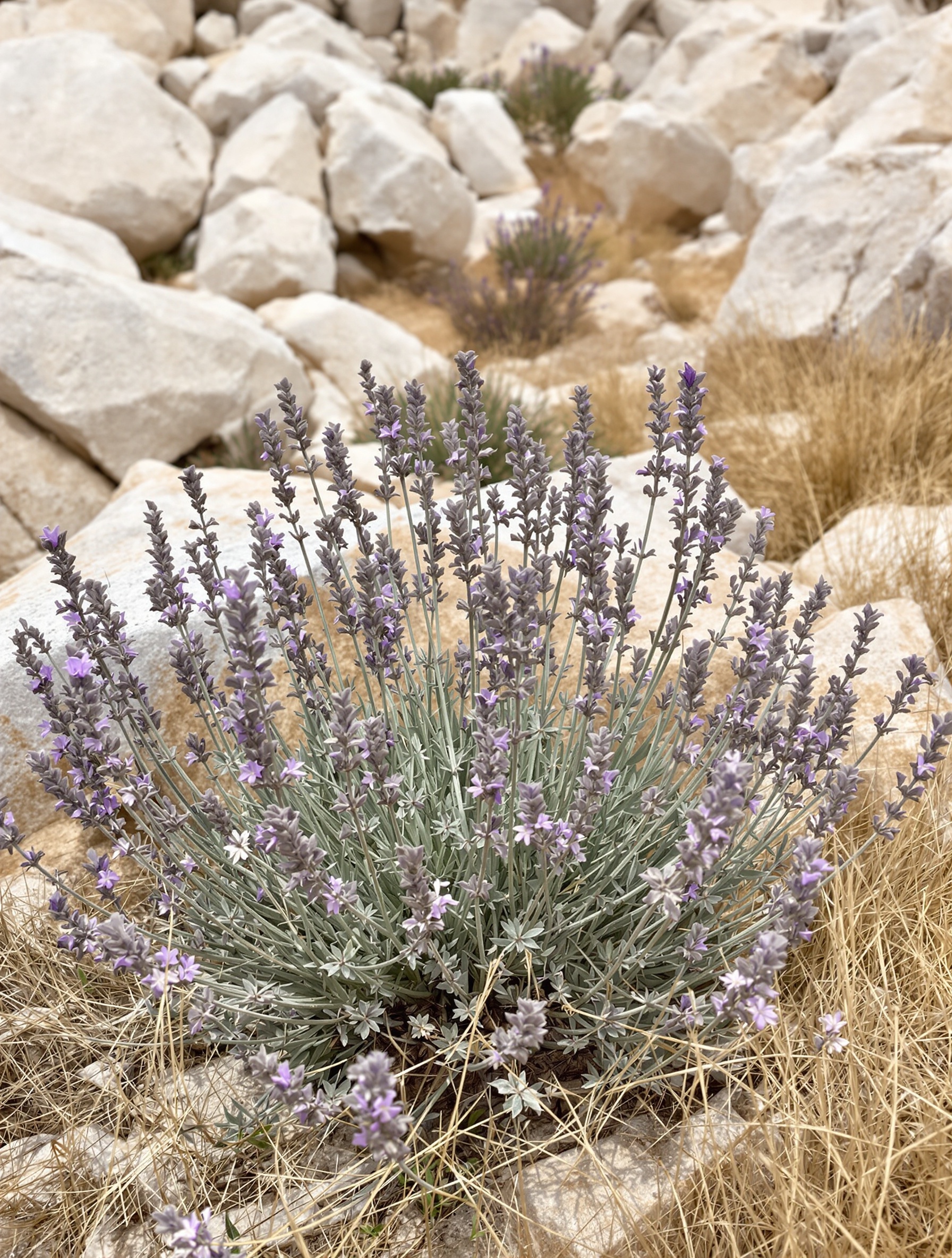 Wild lavender growing from dry limestone scree in the Portuguese interior highlands, shot in warm diffuse afternoon light, evoking Creed Bois du Portugal.