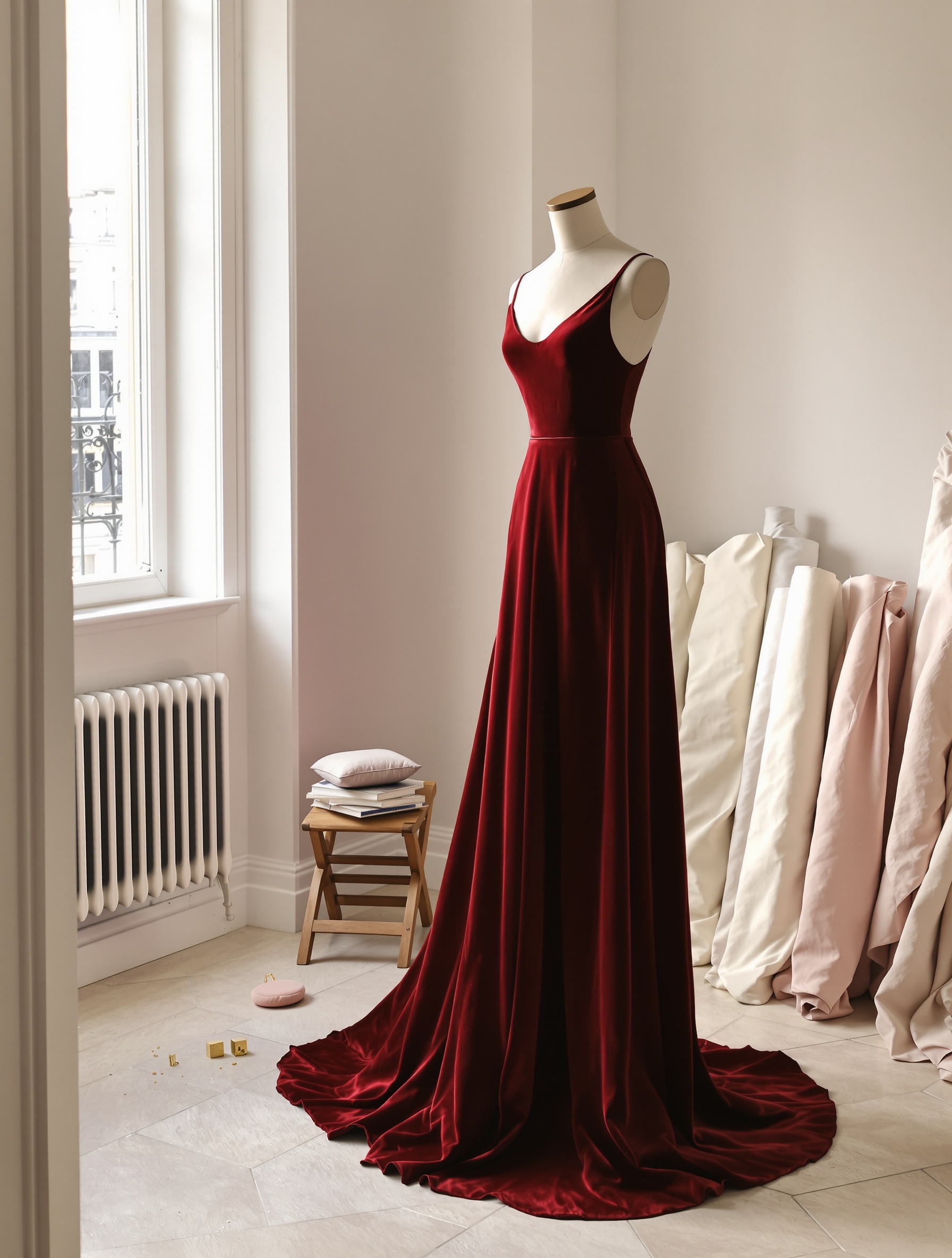 A crimson velvet gown on a dress form glows under a shaft of winter light in a spare Parisian atelier.