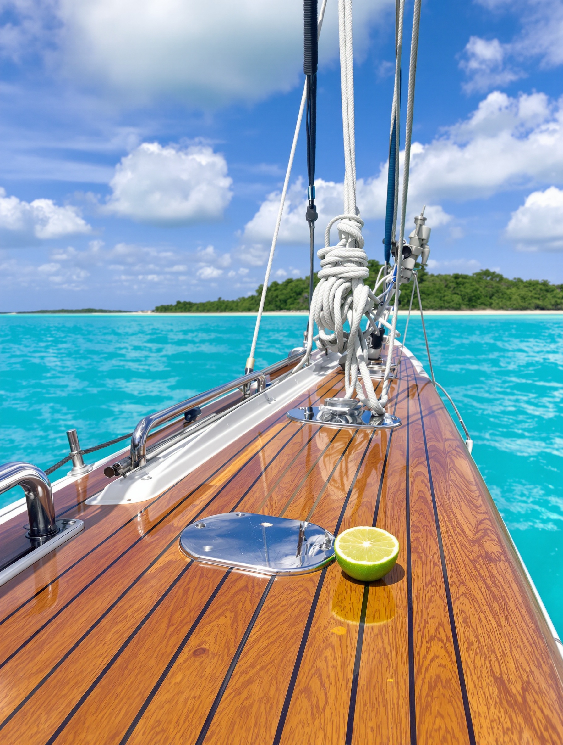 A halved lime resting against a stainless cleat on teak decking of a sailing yacht, with turquoise Caribbean water and a green island stretching into the background.