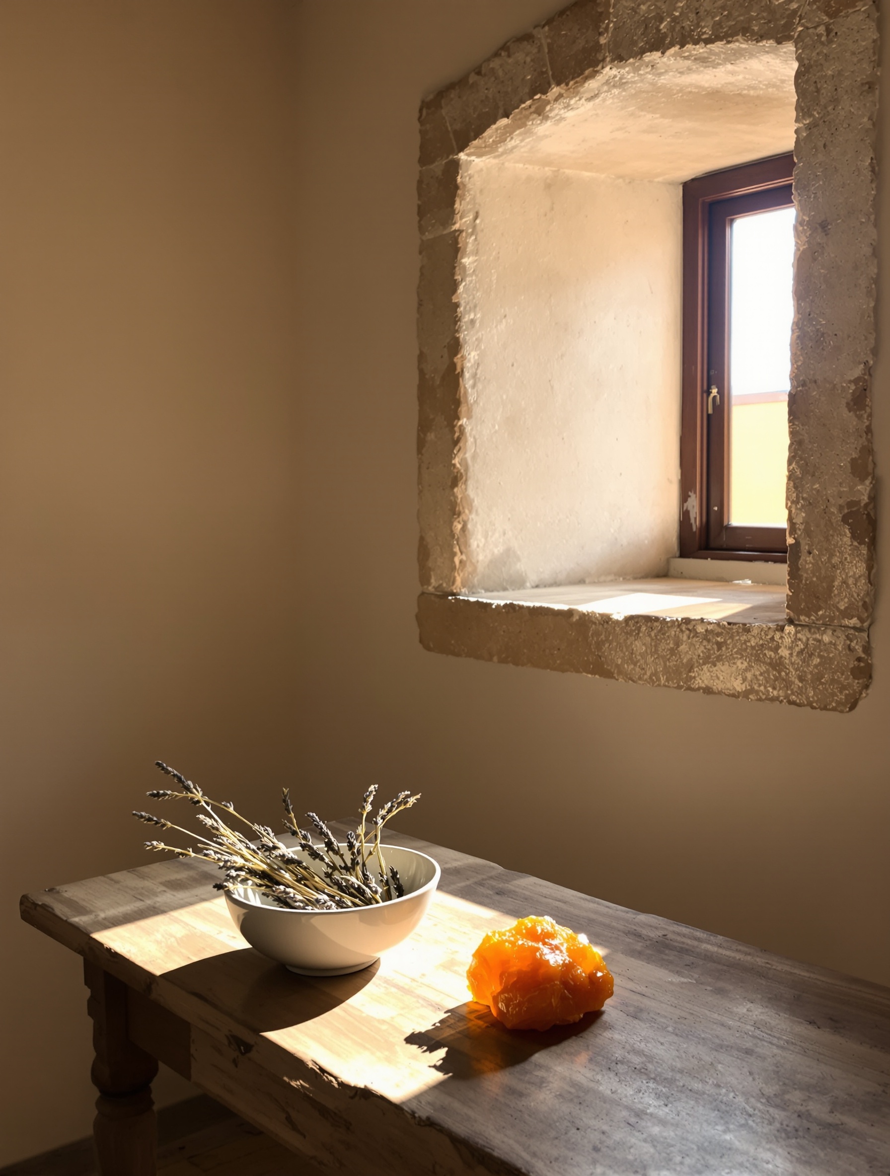 A sparse stone-walled interior with dried lavender stalks and a piece of raw amber resin on a worn wooden desk, evoking the austere warmth of Creed Bois du Portugal.