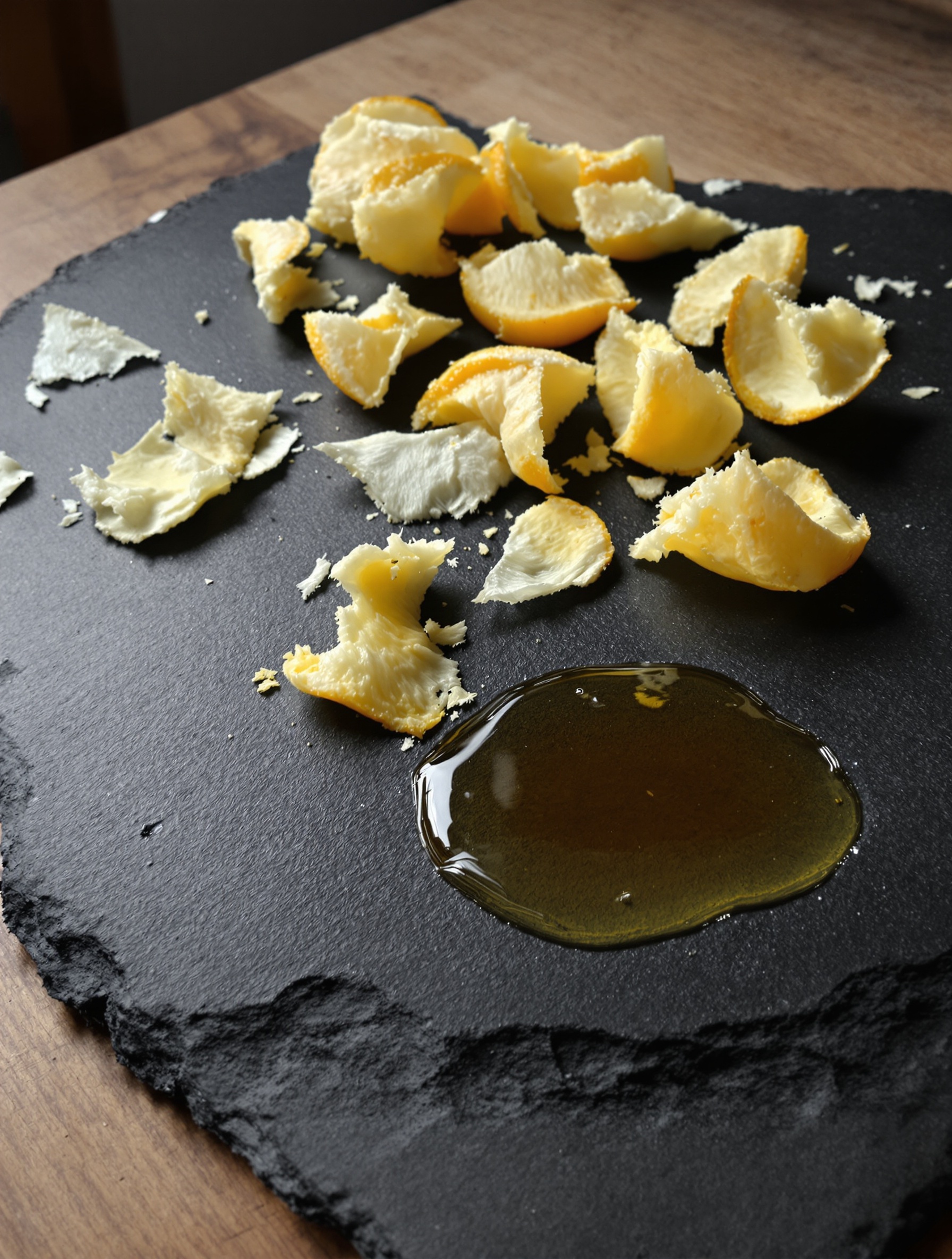Torn bergamot rinds and a small amber pool rest on raw black slate atop a worn oak table in quiet autumnal light.