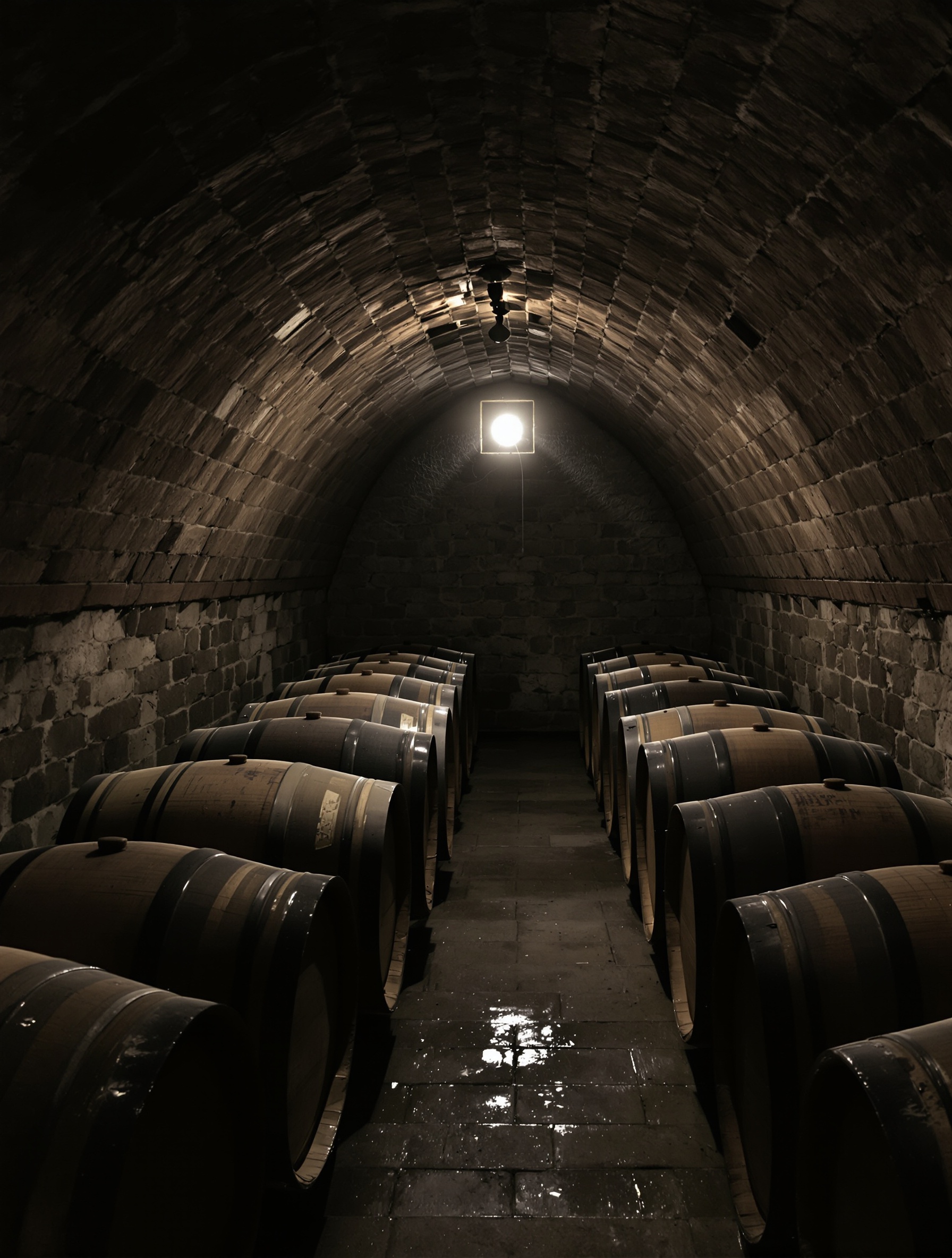 A dim, dust-settled stone wine cellar with rows of old barrels receding into shadow, photographed in natural window light, evoking the ancestral depth of Creed Bois du Portugal.