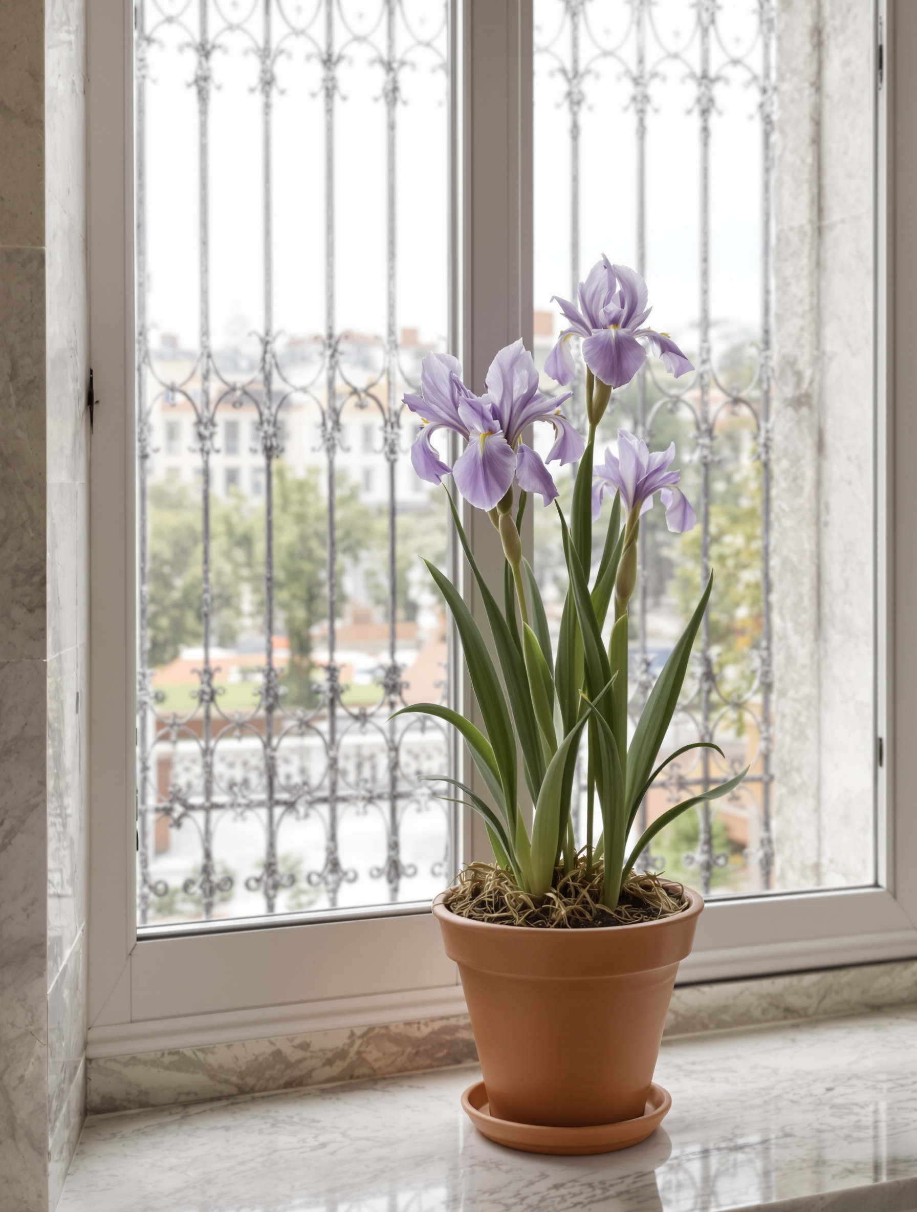 Tuscan iris in terracotta on a marble sill with old glass reflections, the living heart of Royal Princess Oud.