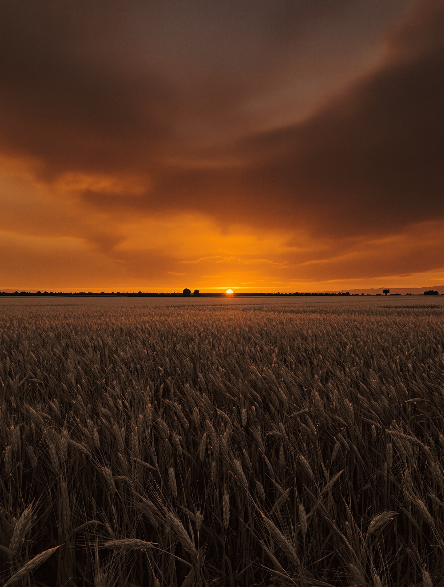 A grainy film photograph of a blackened harvested wheat field under a hazy, uneven dusk sky grading from molten amber at the horizon to charcoal above.