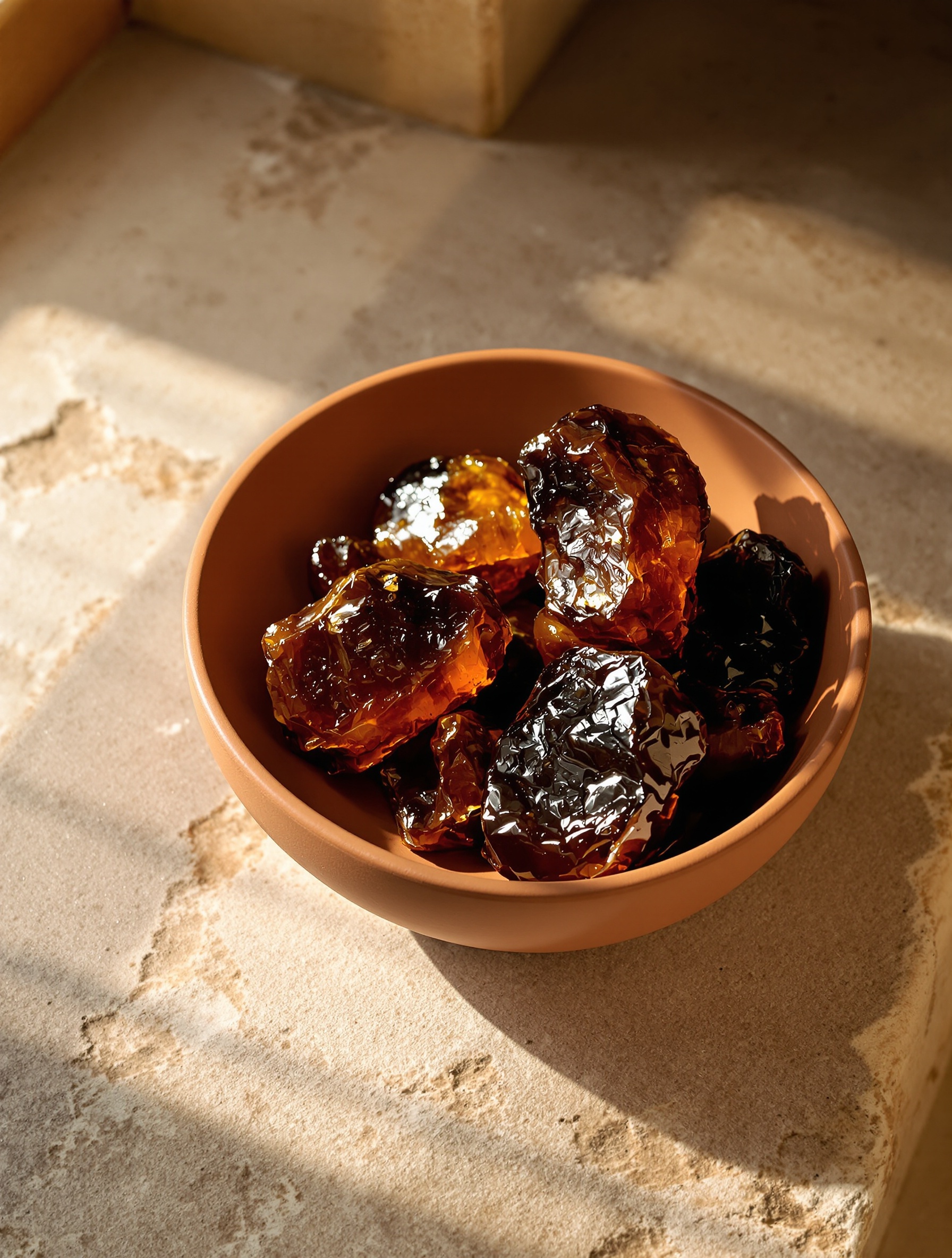 Dark amber labdanum resin in a plain terracotta bowl on warm limestone, the olfactory heart of Fall of Phaeton by Argos.