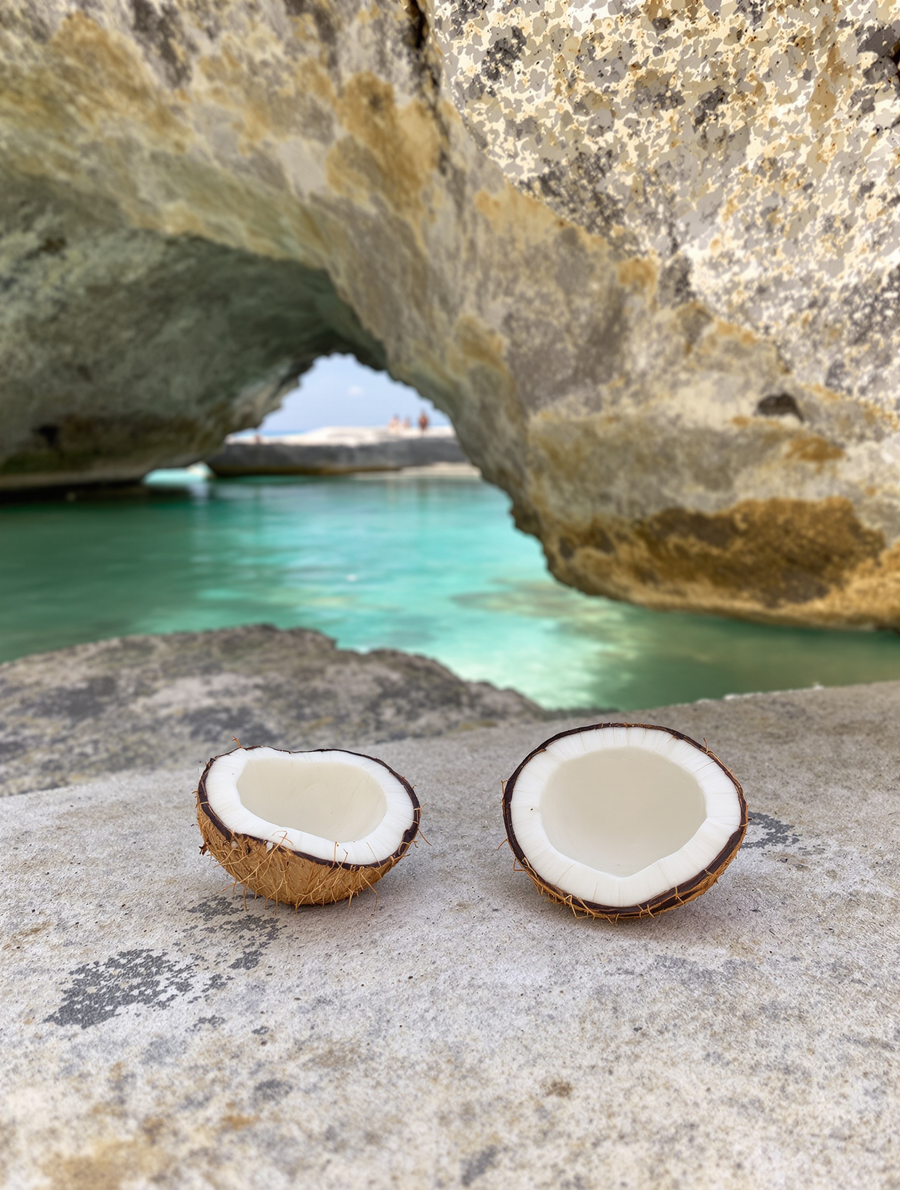 Split coconut shells bleaching on a flat rock at an uninhabited Caribbean shore for Creed Virgin Island Water.