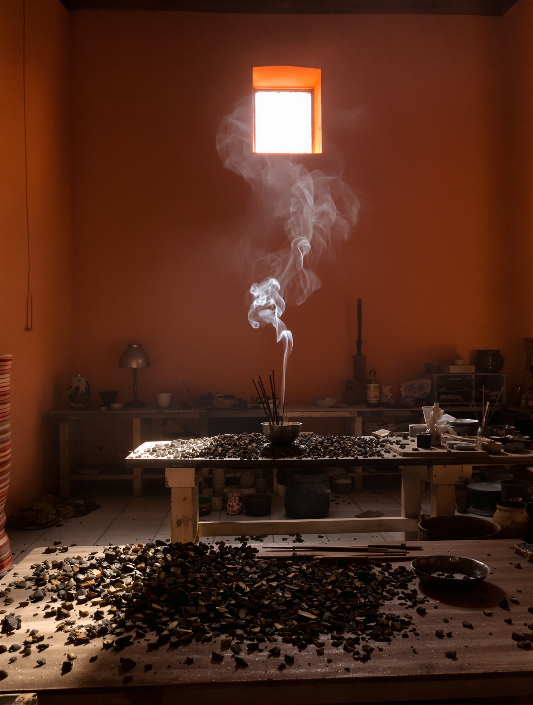 A dim Moroccan agarwood workshop with smoke rising through a shaft of afternoon light, the material world behind Fall of Phaeton by Argos.