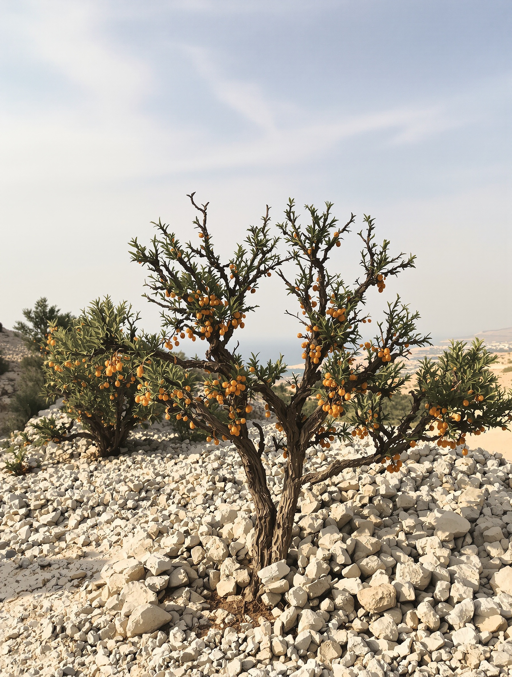 Labdanum resin beading on woody cistus stems growing from pale limestone rubble on a sun-scorched hillside in late afternoon light.