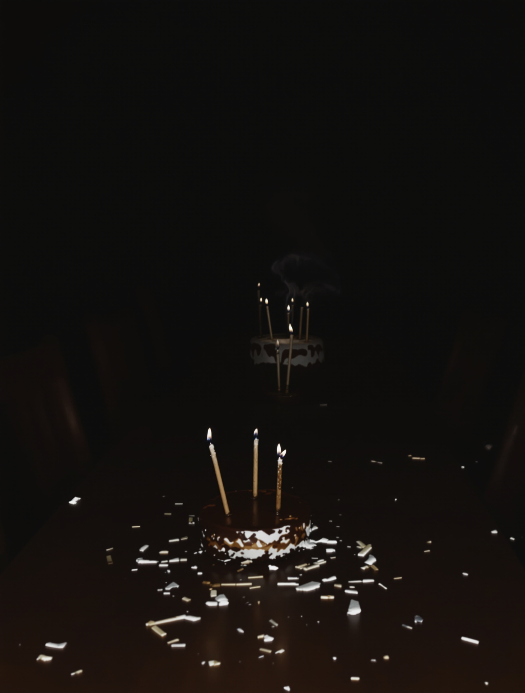 A lone birthday cake with spent wax-pooled candles and a single curl of smoke sits on a bare wooden table in a nearly dark room, chairs pushed back and emptiness surrounding it.