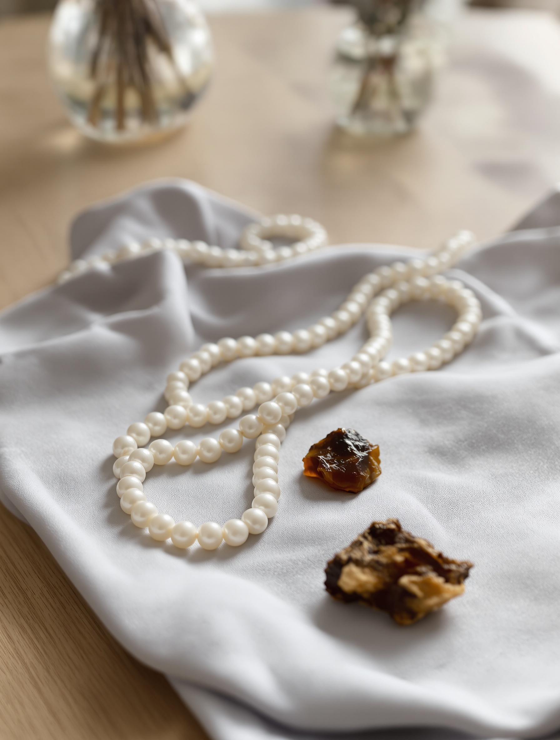 Ivory pearl strand coiled on pale blue-grey silk beside a raw chip of agarwood resin on an ash-wood surface in soft window light.