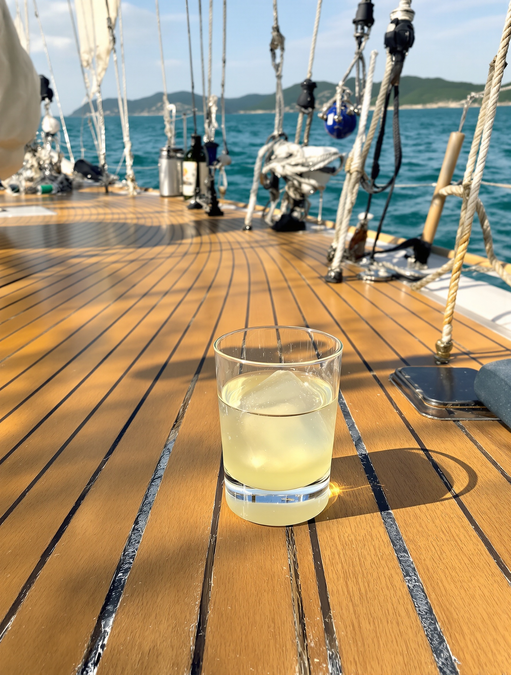 A pale iced drink on sun-warmed teak decking of a sailing yacht with open ocean and a distant island softly blurred in golden afternoon light.