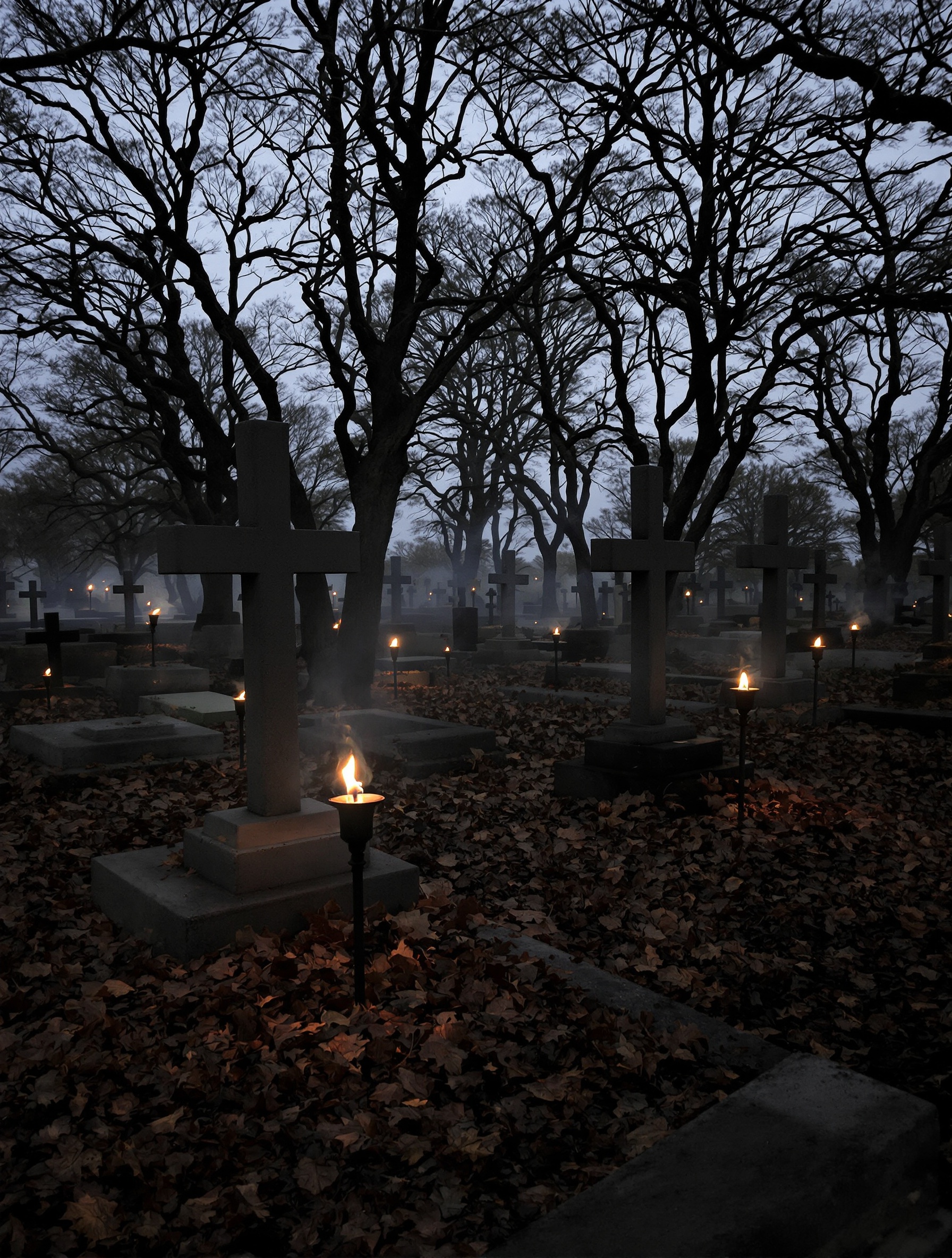 A Romanian village graveyard at dusk with iron markers and beeswax requiem candles burning low, evoking Judgment Day by Adi Ale Van.