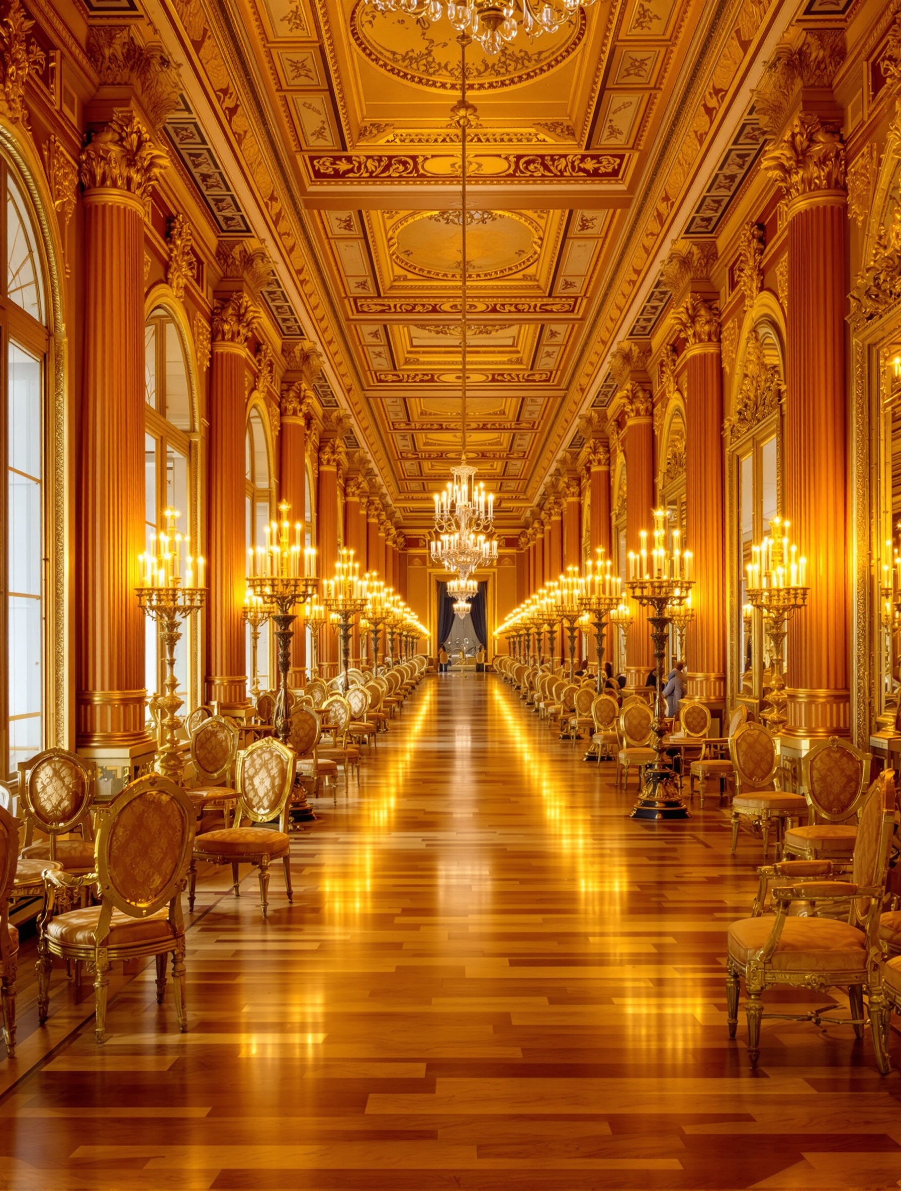 A luminous grand ballroom glowing with warm candlelight and lingering evening light through tall windows, gilded chairs scattered after a night of dancing.
