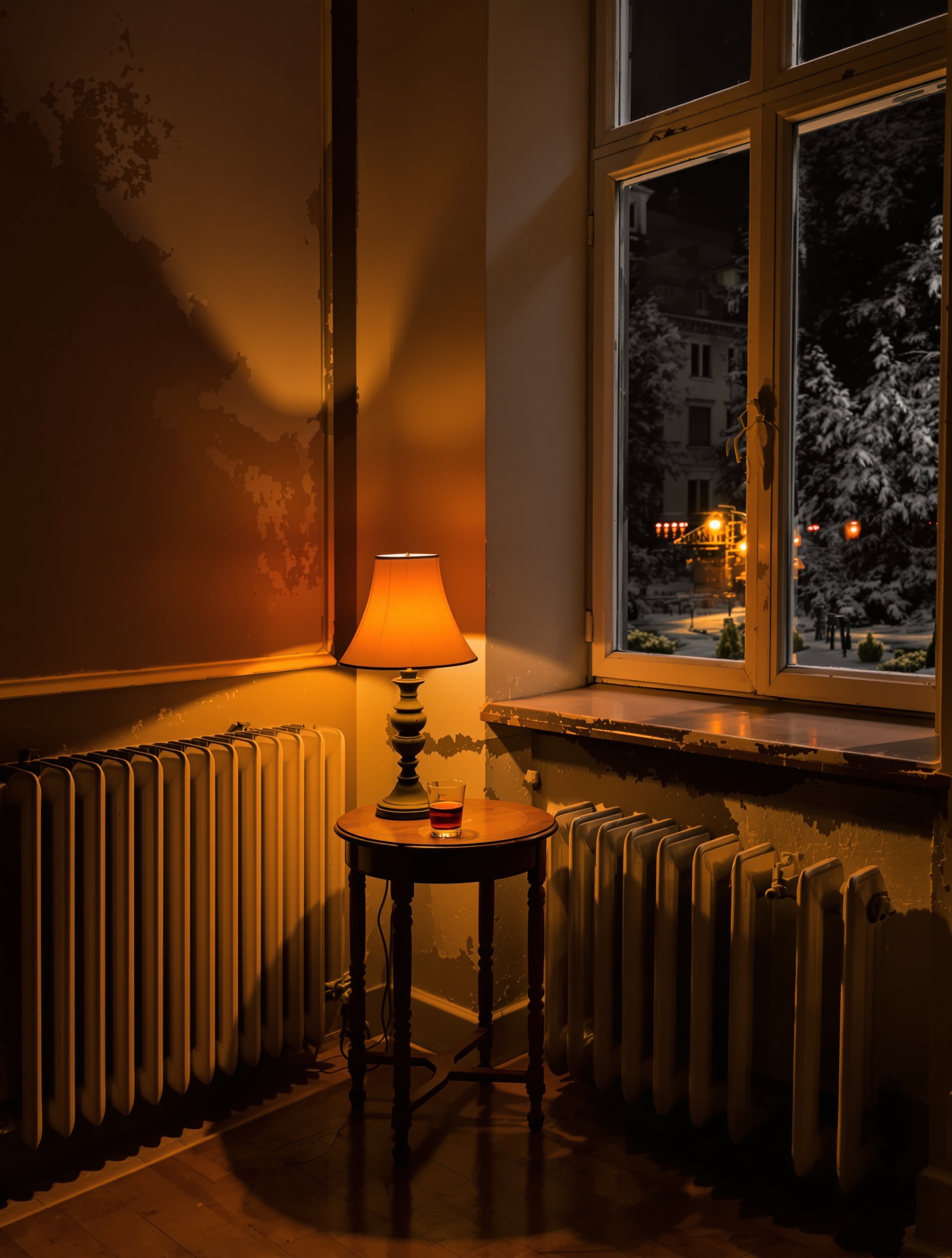 A dark amber glass of Armagnac on a side table by a cold winter window in a dim apartment, evoking Last Birthday Cake by Toskovat.