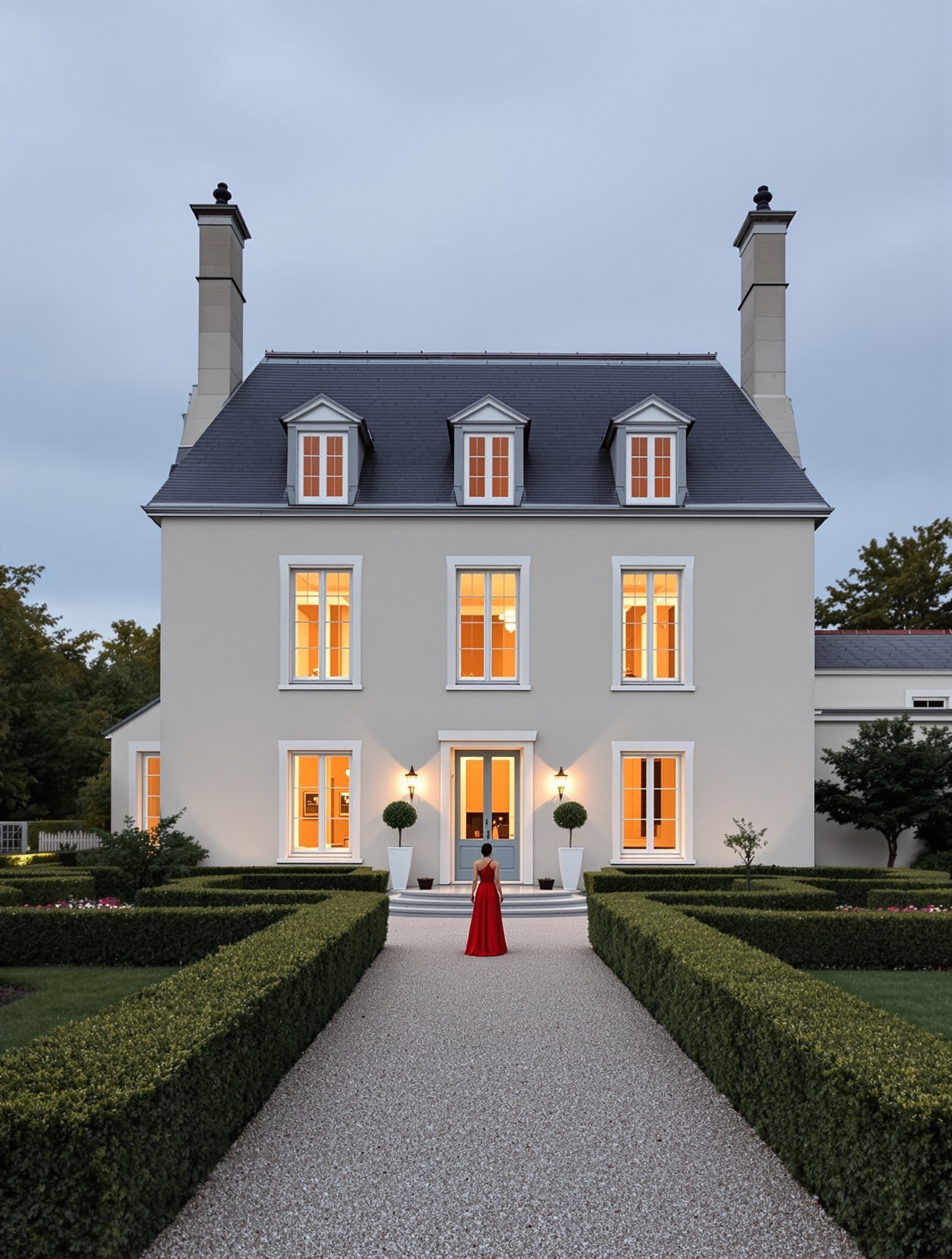 A lone figure in scarlet at the edge of a formal garden at dusk, the still world of Royal Princess Oud.