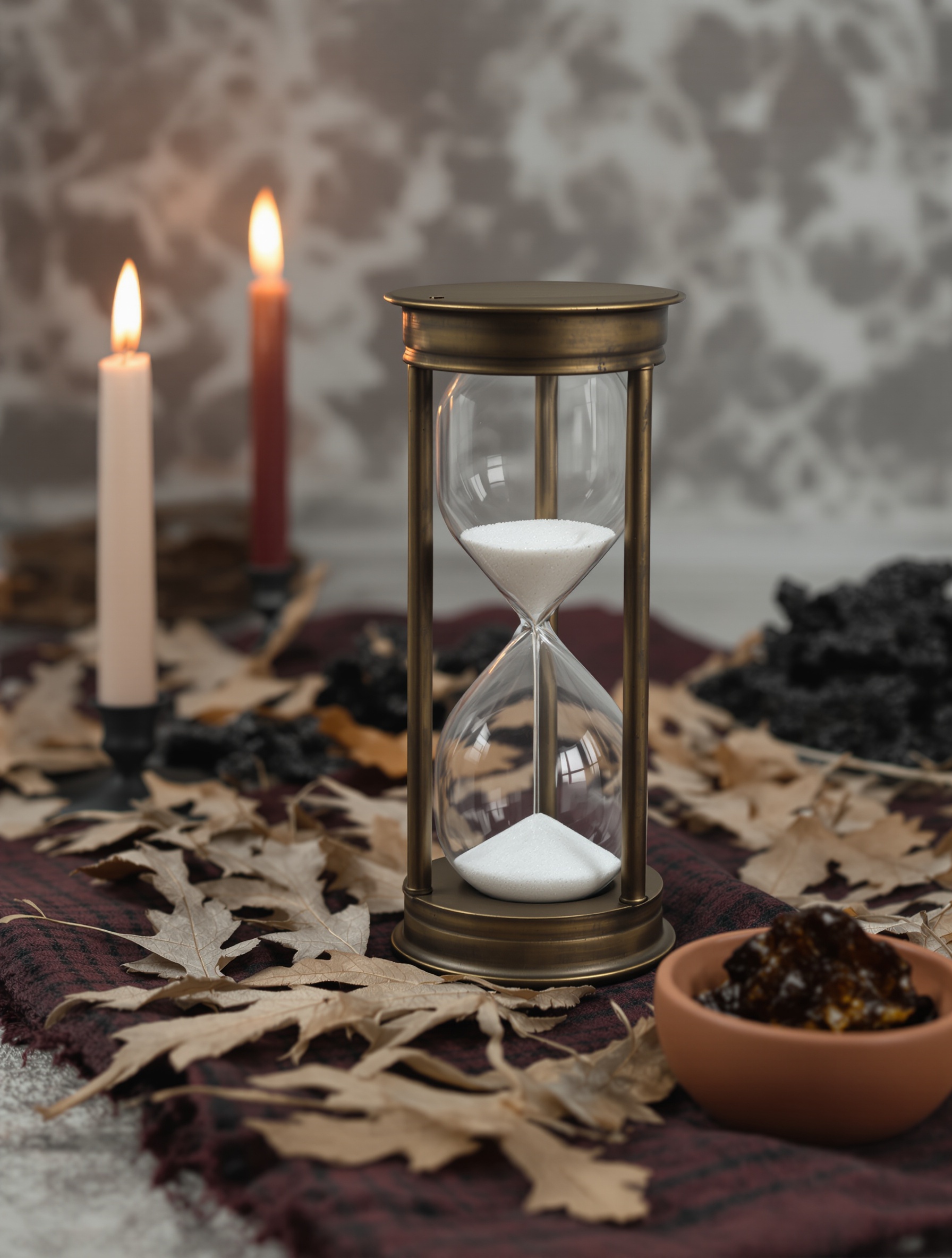 A plain tarnished brass hourglass rests on dark oxblood funeral cloth beside dried oak leaves and amber resin, lit by warm candlelight against cold grey stone.