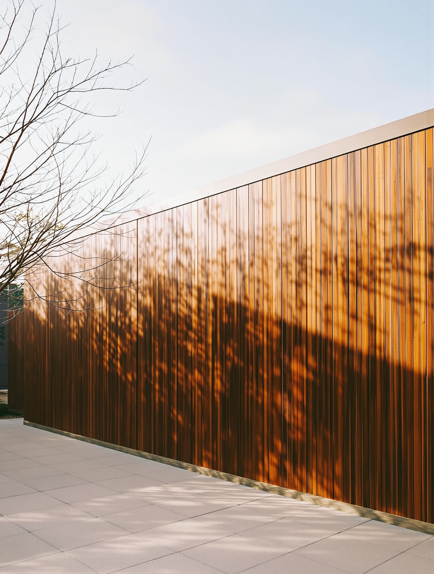 A sun-struck charred cedar courtyard wall glowing amber-gold in late afternoon light, pale stone paving below and open sky above.