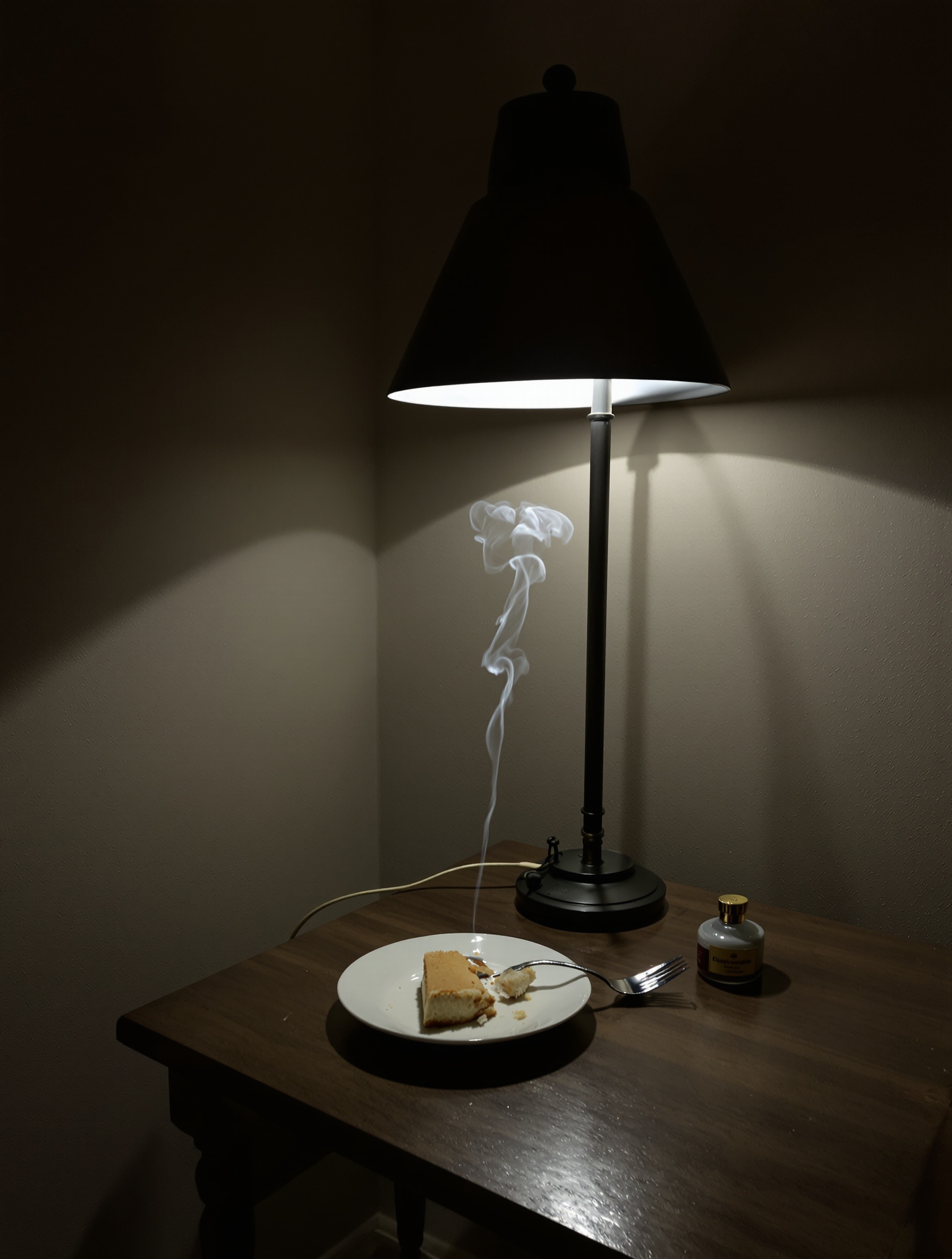 A dimly lit Eastern European sitting room at night where incense smoke curls through amber lamplight above an untouched fork and half-eaten cake slice on a bare wooden table.