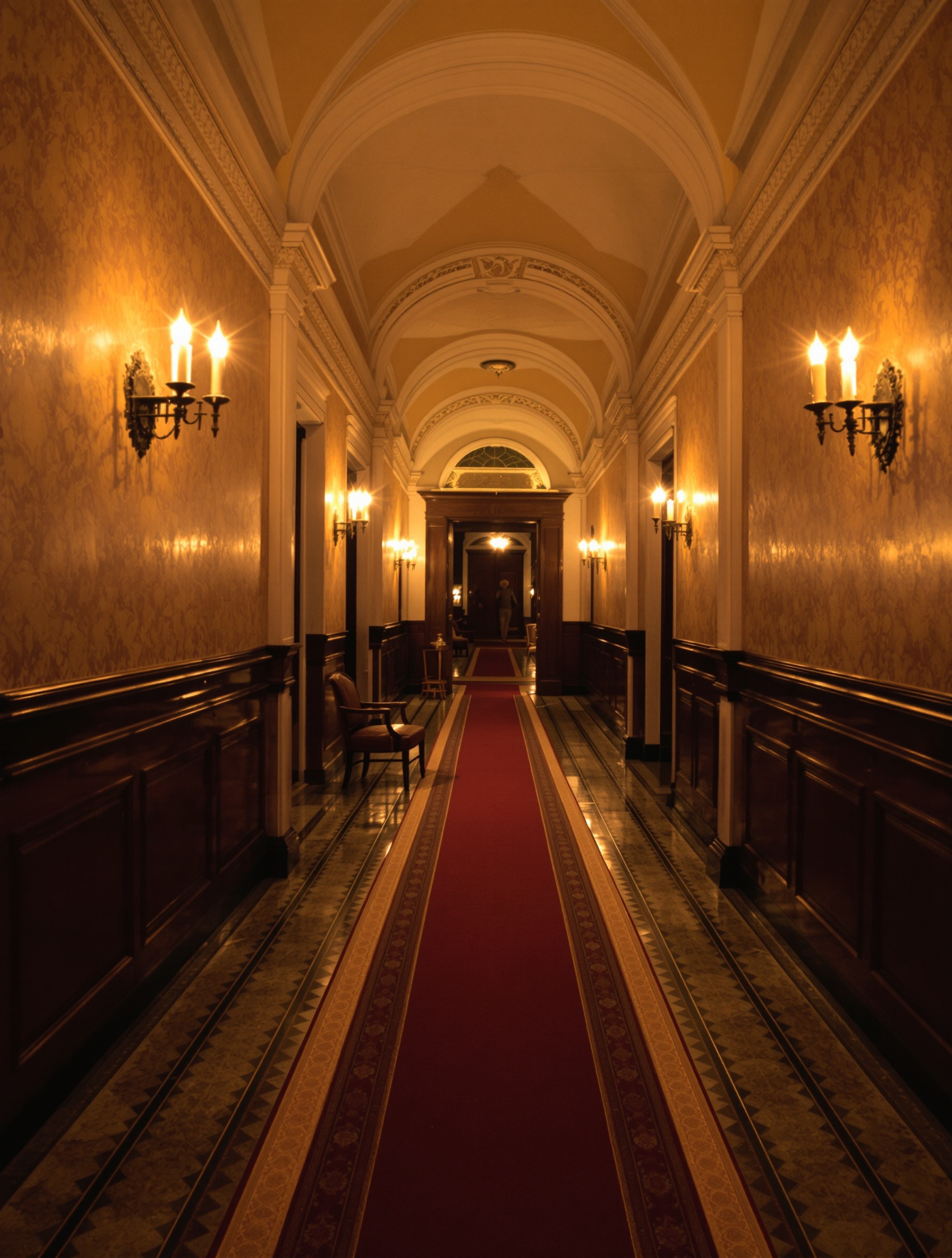 A dimly sconce-lit palazzo corridor with a blood-dark runner evoking the palatial, resinous authority of Il Padrino by Sospiro.