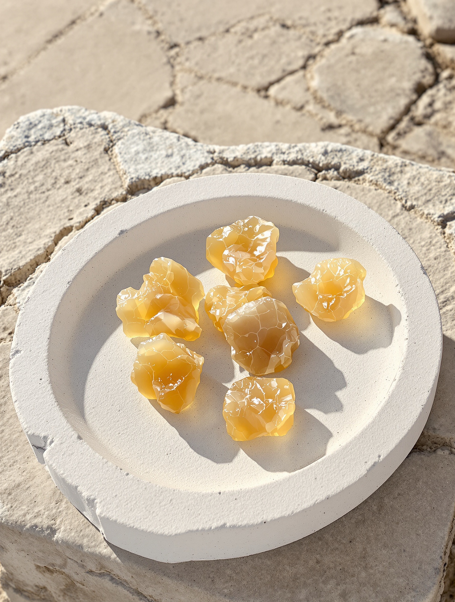 Raw frankincense tears hardening from liquid gold to solid amber on rough Omani limestone in morning sidelight, a still-life from the world of Amouage Decision.