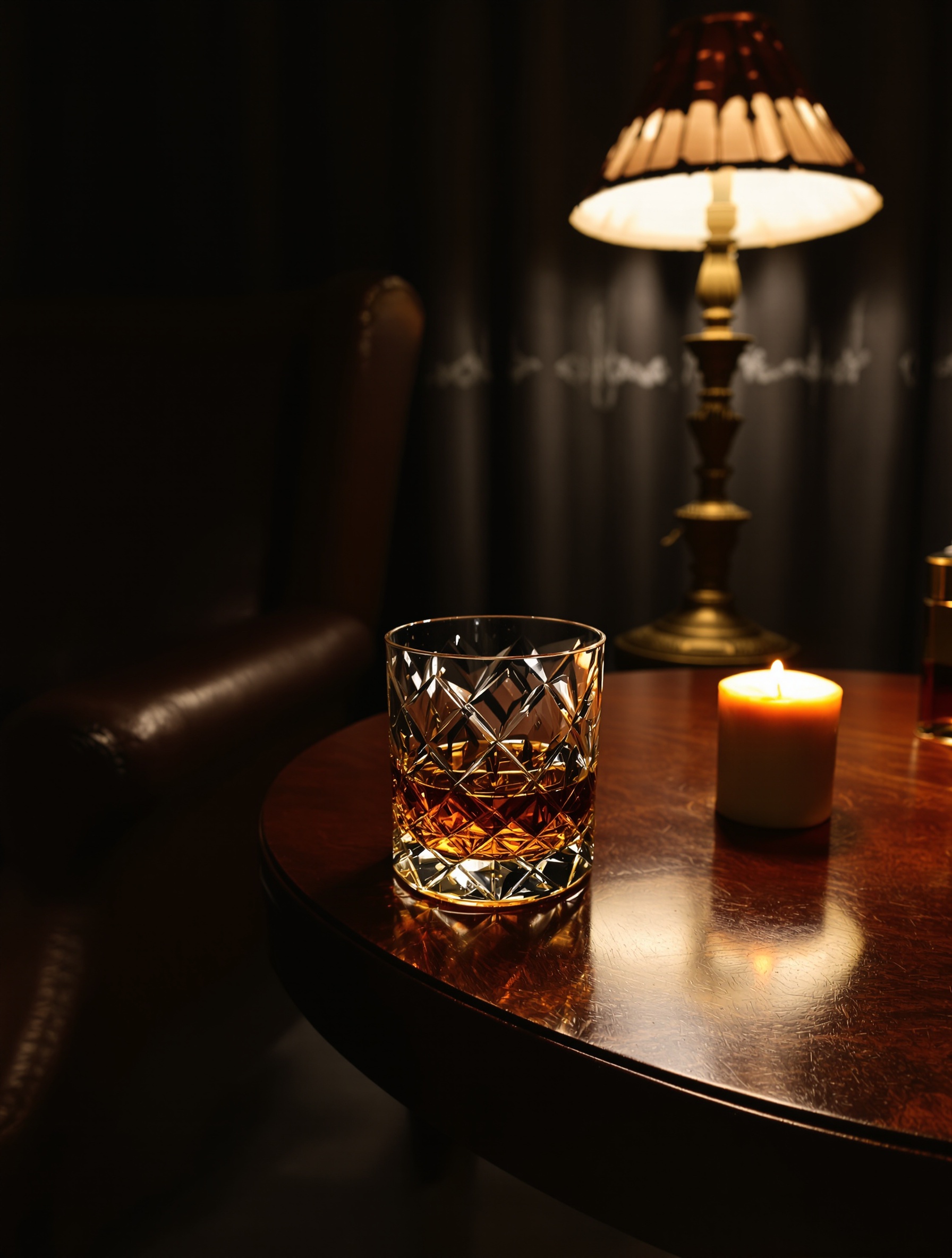 A cut-crystal tumbler of dark whisky on a mahogany side table inside a dim sealed study, a leather chair and guttering candle flanking it in warm amber lamplight.