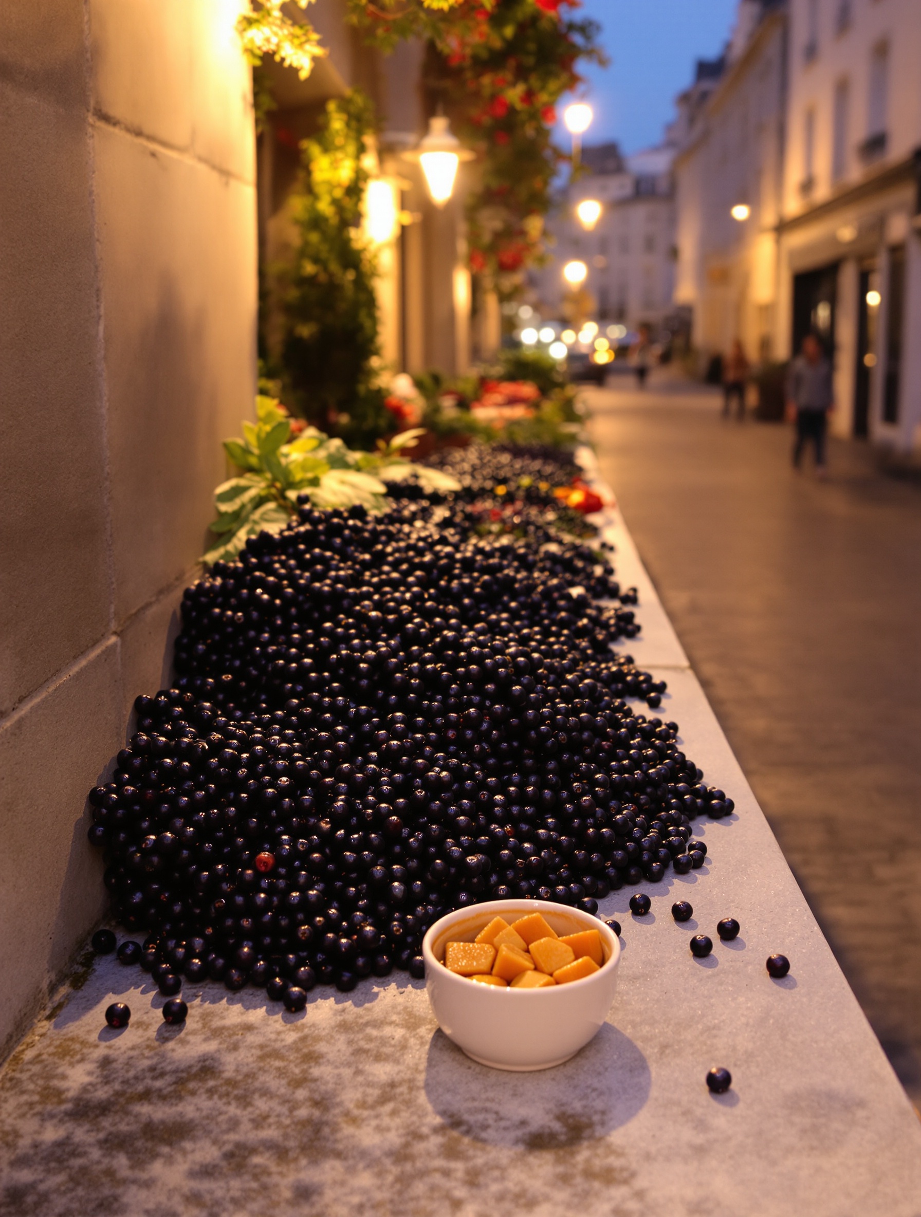 Deep blackcurrant mounds spill across a worn stone ledge beside a Parisian street fading into violet dusk.