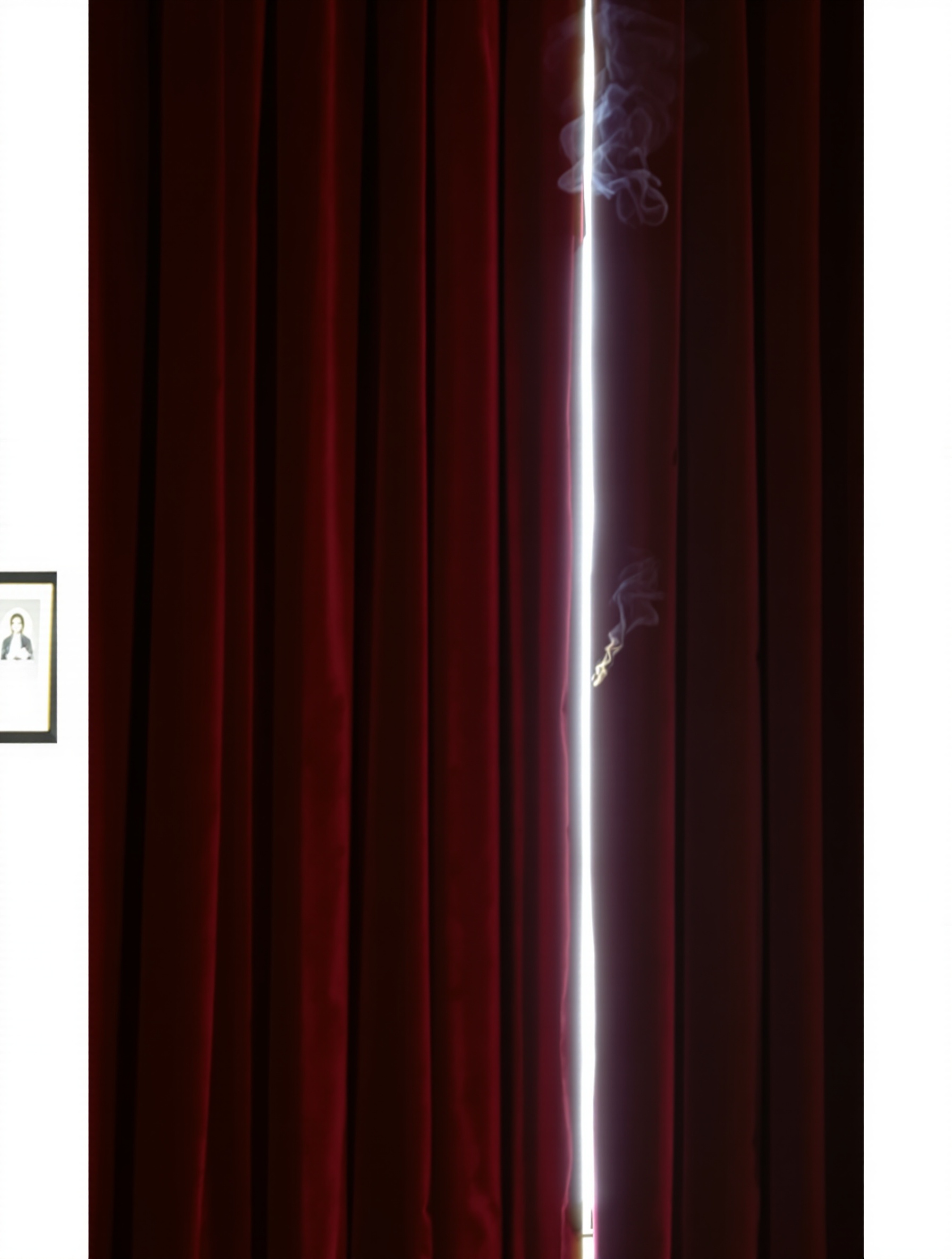 Oxblood velvet curtains drawn against a Sicilian dusk with a curl of rising smoke, evoking the controlled menace and old-world gravitas of Il Padrino.