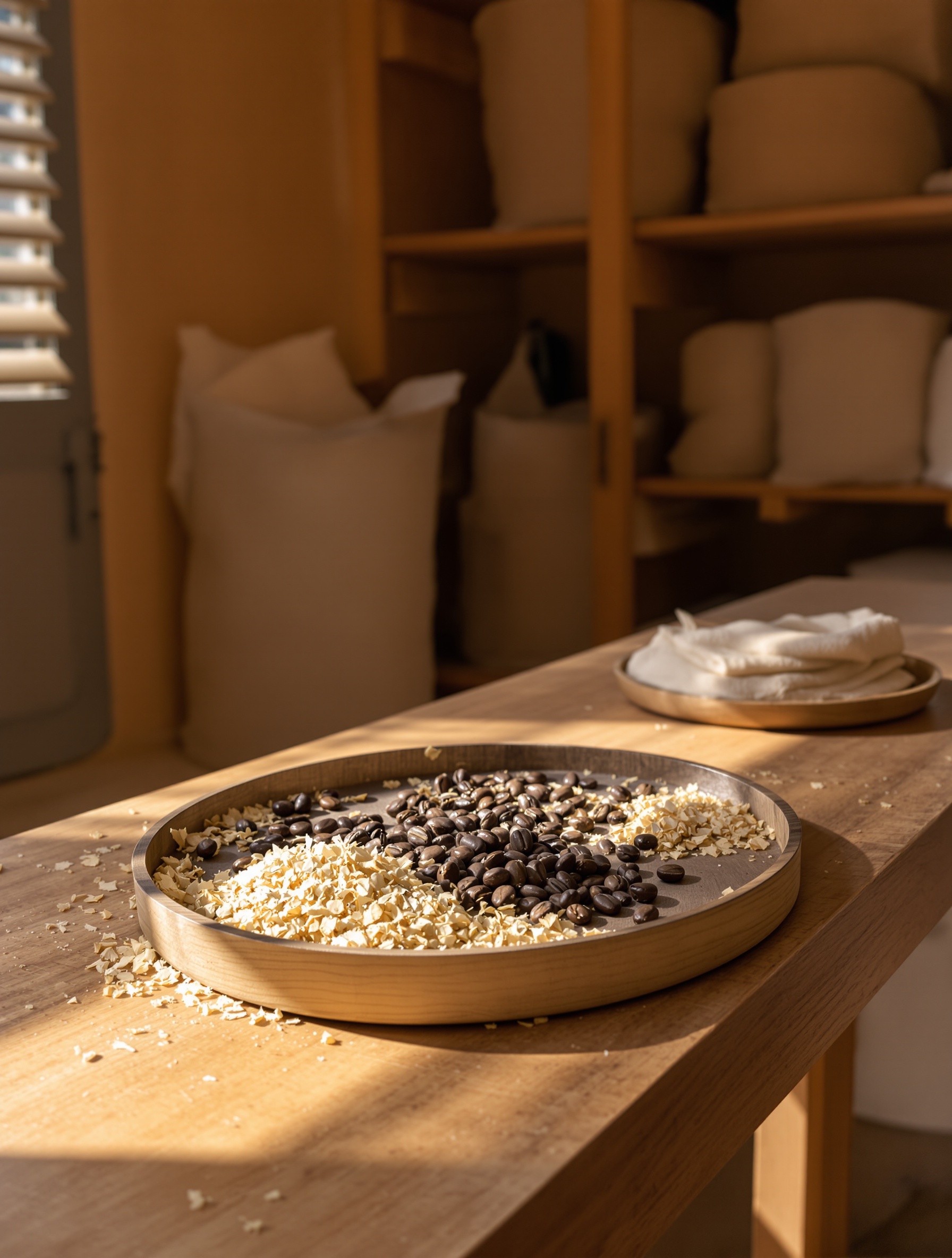 Dried tonka beans and cedarwood shavings on a plain wooden tray in warm afternoon light, evoking the intimate amber-and-wood drydown of Bal D'Afrique Absolu.