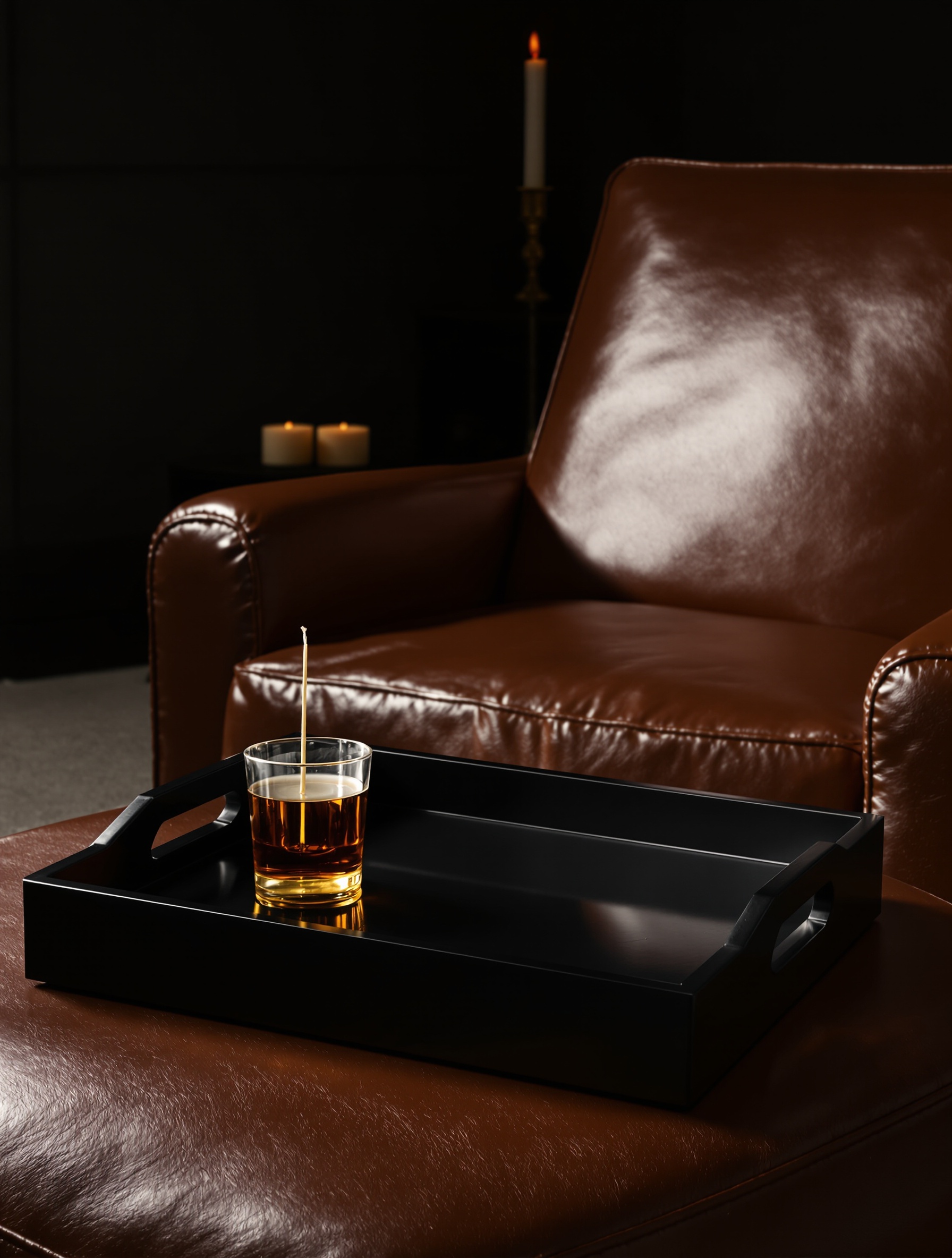 An untouched amaretto glass and smouldering candle on a tray beside an empty leather chair, evoking the palatial stillness and implied presence at the heart of Il Padrino.